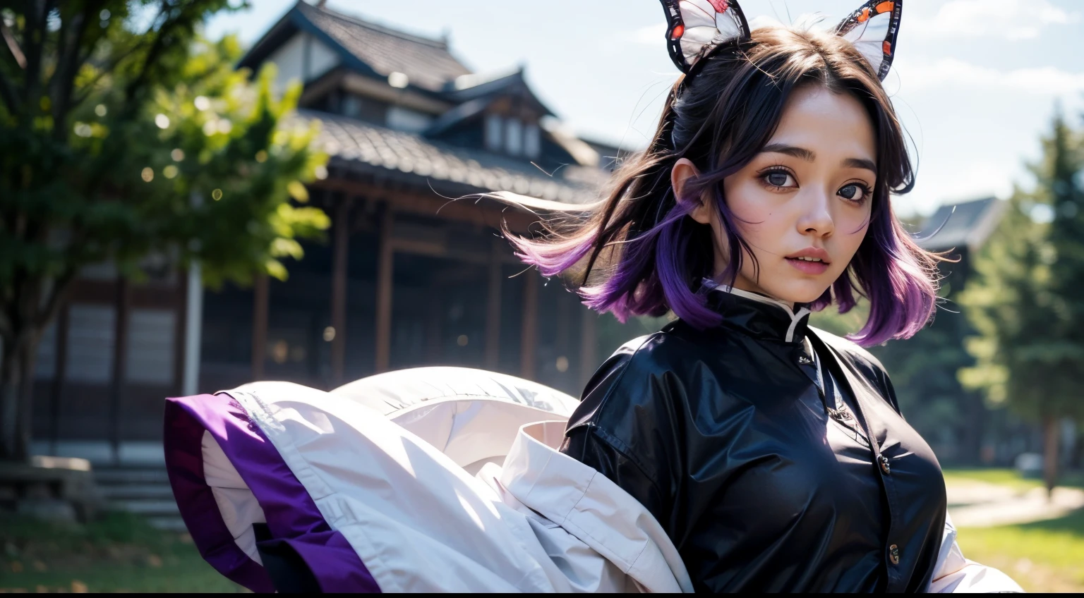 shinobu, 1girl, solo, looking at viewer, smile, short hair, black hair, hair ornament, long sleeves, medium breasts, closed mouth, ((purple eyes)), jacket, weapon, purple hair, sidelocks, outdoors, japanese clothes, belt, sword, blurry, uniform, black jacket, parted bangs, blurry background, katana, bug, butterfly, sheath, forehead, upper body, detailed face, detailed eyes,