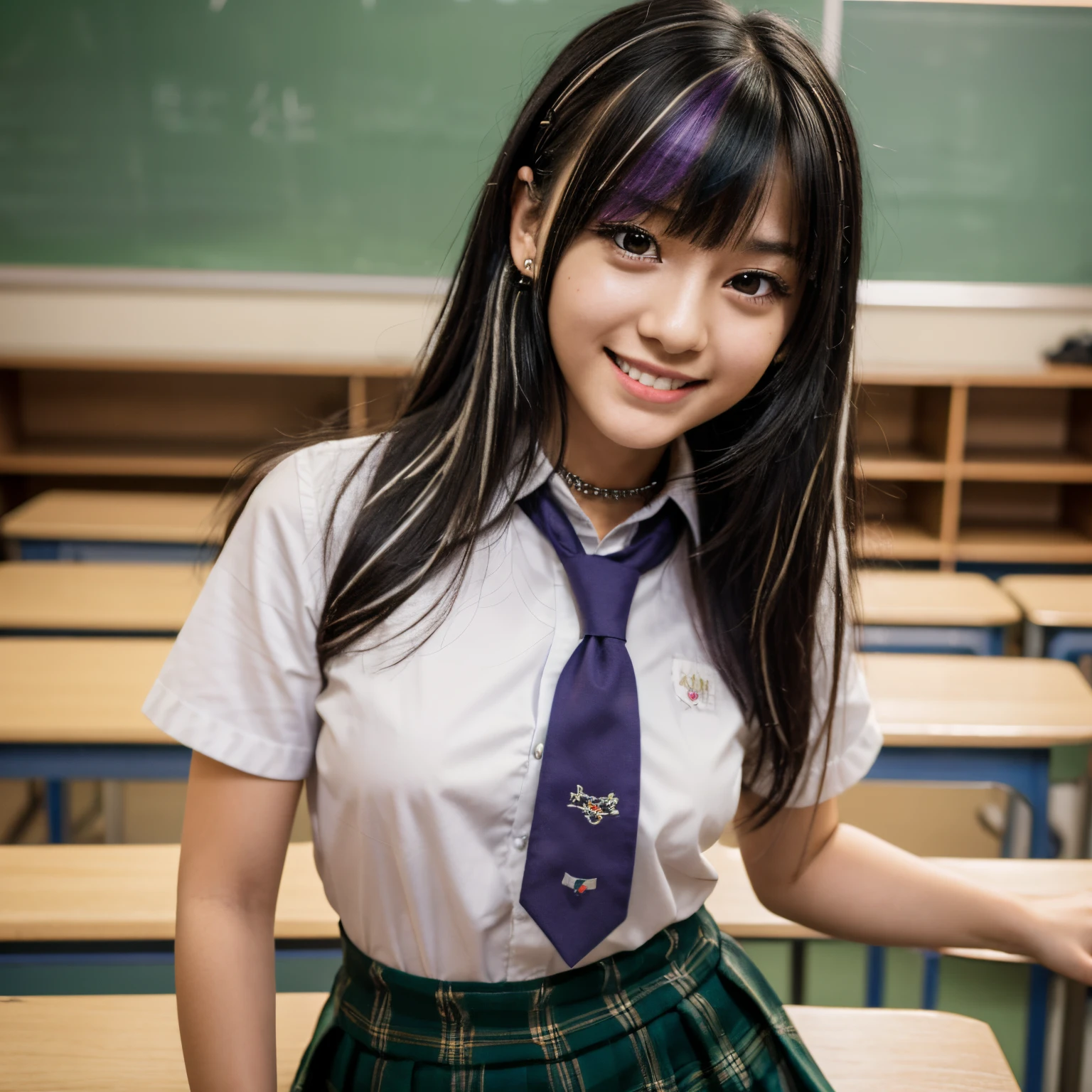 Young girl, black hair, assymetric hair, symetric bangs,japanese student outfit, dark green plaid skirt, nose and ear piercings, purple highlights in hair, bulging eyes, happy expression, in one school, japanese school, 4k, masterpiece, Anime, HD,