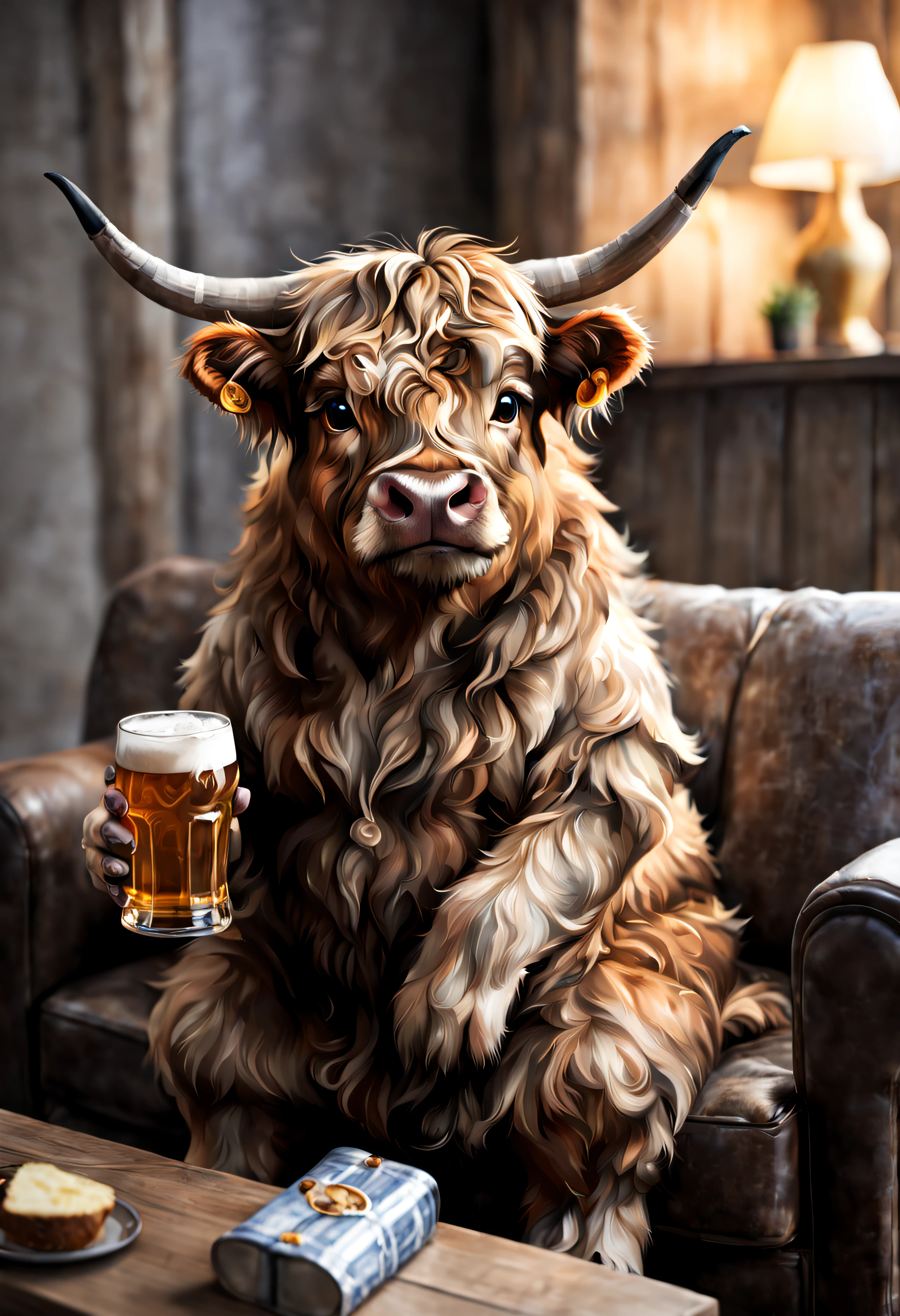 "a mini Scottish Highland cow sitting on a couch, holding a beer glass"
"best quality, highres, ultra-detailed, realistic, cute, cozy, vibrant colors, warm lighting, cow, domestic animal, living room, relaxation, leisure, comfortable, small size, fluffy fur, horns, unique breed, farmhouse vibe, rustic decor, enjoyable beverage, chilled atmosphere"
