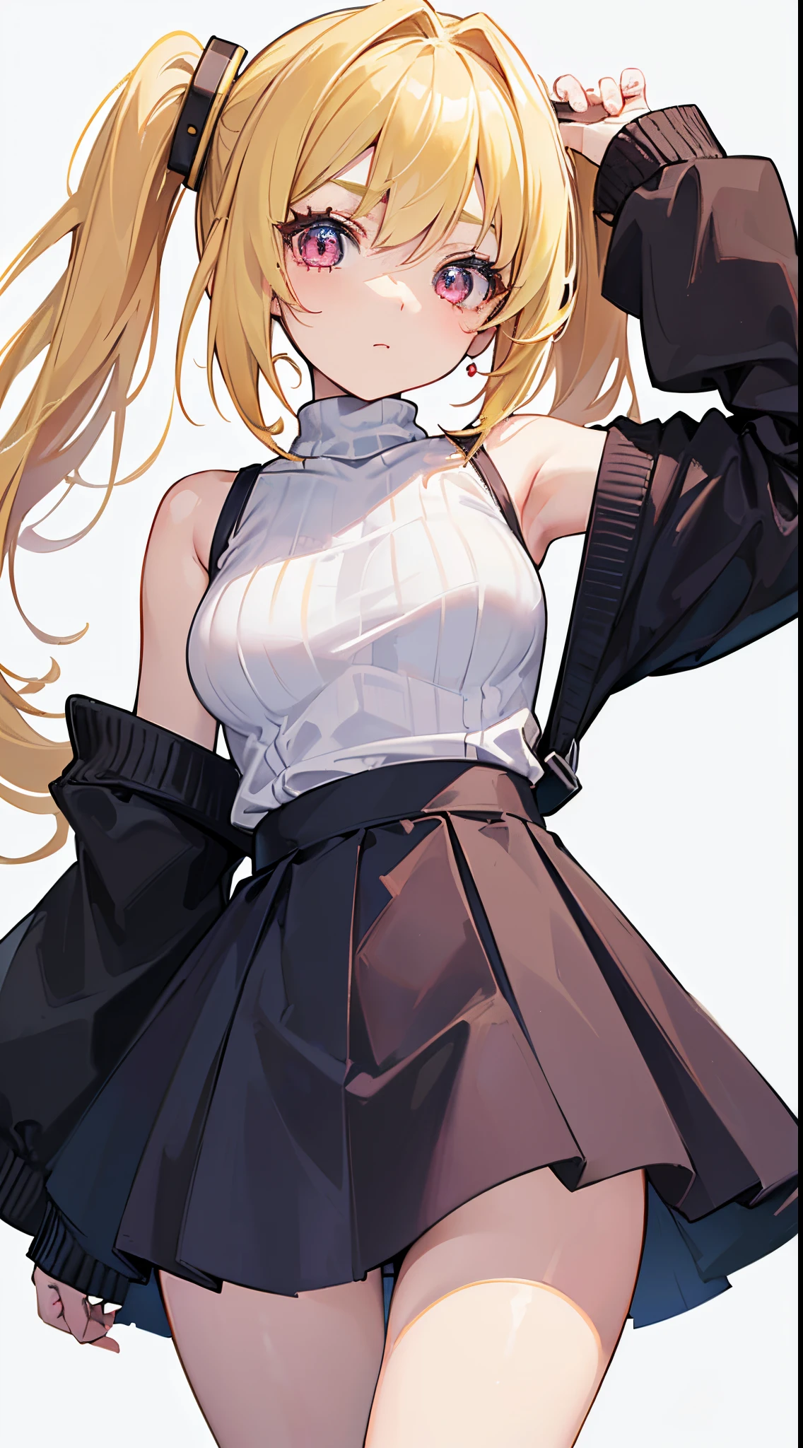 A very beautiful anime girl,((young girl,age down,Middle school student)),((straight hair,blonde hair,Ruby eyes)),((bare-shoulder sweater ,mini skirt)),((curvy breast,??????????? loli,loli)),(standing,arms behind body),(masterpiece,high quality,ultra hd),((detailed face and eyes:2,0)),((cute and pretty face with seductive face)),((perfect body,best proportion:2,0)),((solo,1-girl,solo picture)),((white background))