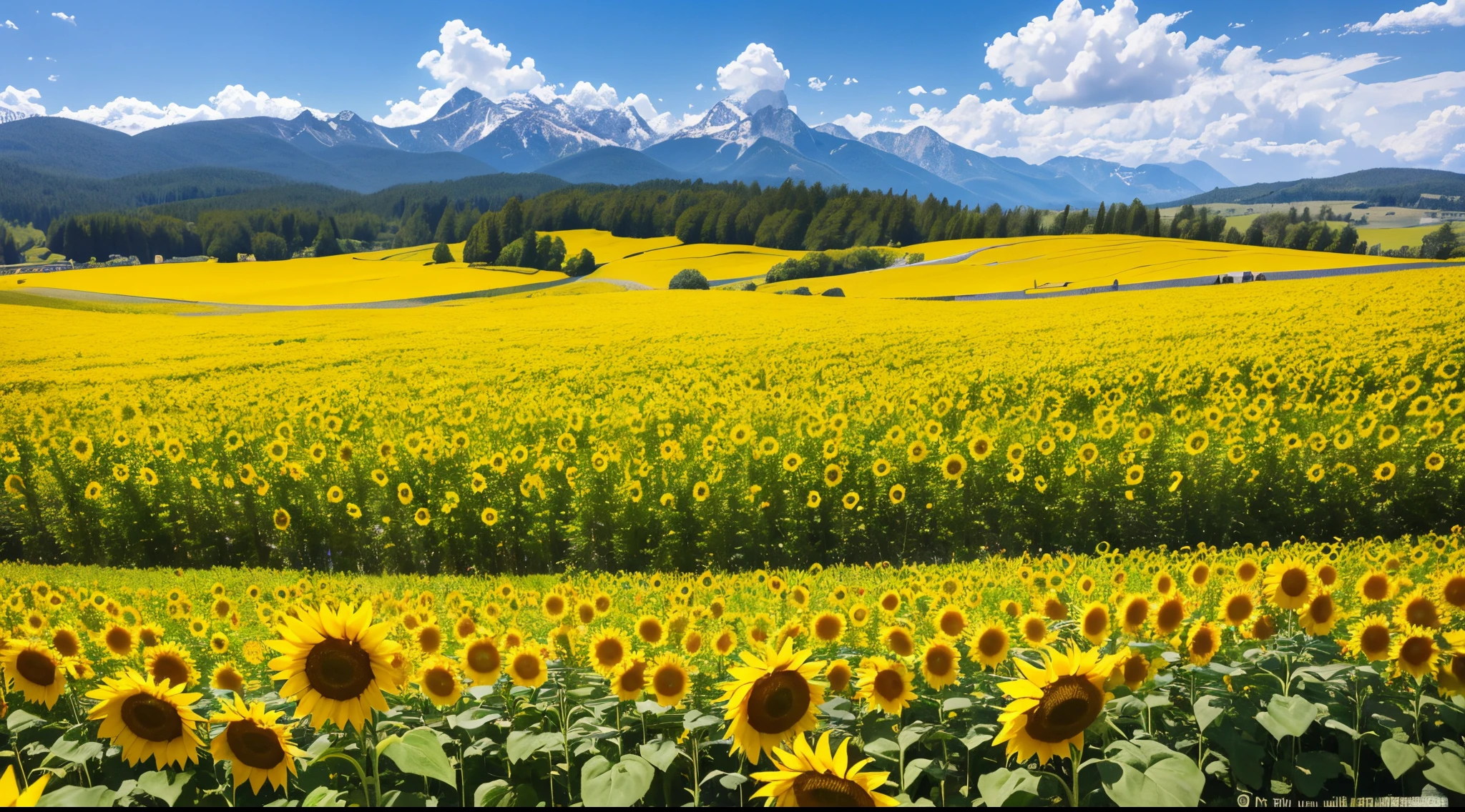 超A high resolution、An ultra-high picture quality、8K、Detailed details、marvelous expression、alpine basin countryside、Sunflowers blooming on fallow land、There are so many flowers blooming that they fill the rice field......、Wonderful blue sky without a cloud、