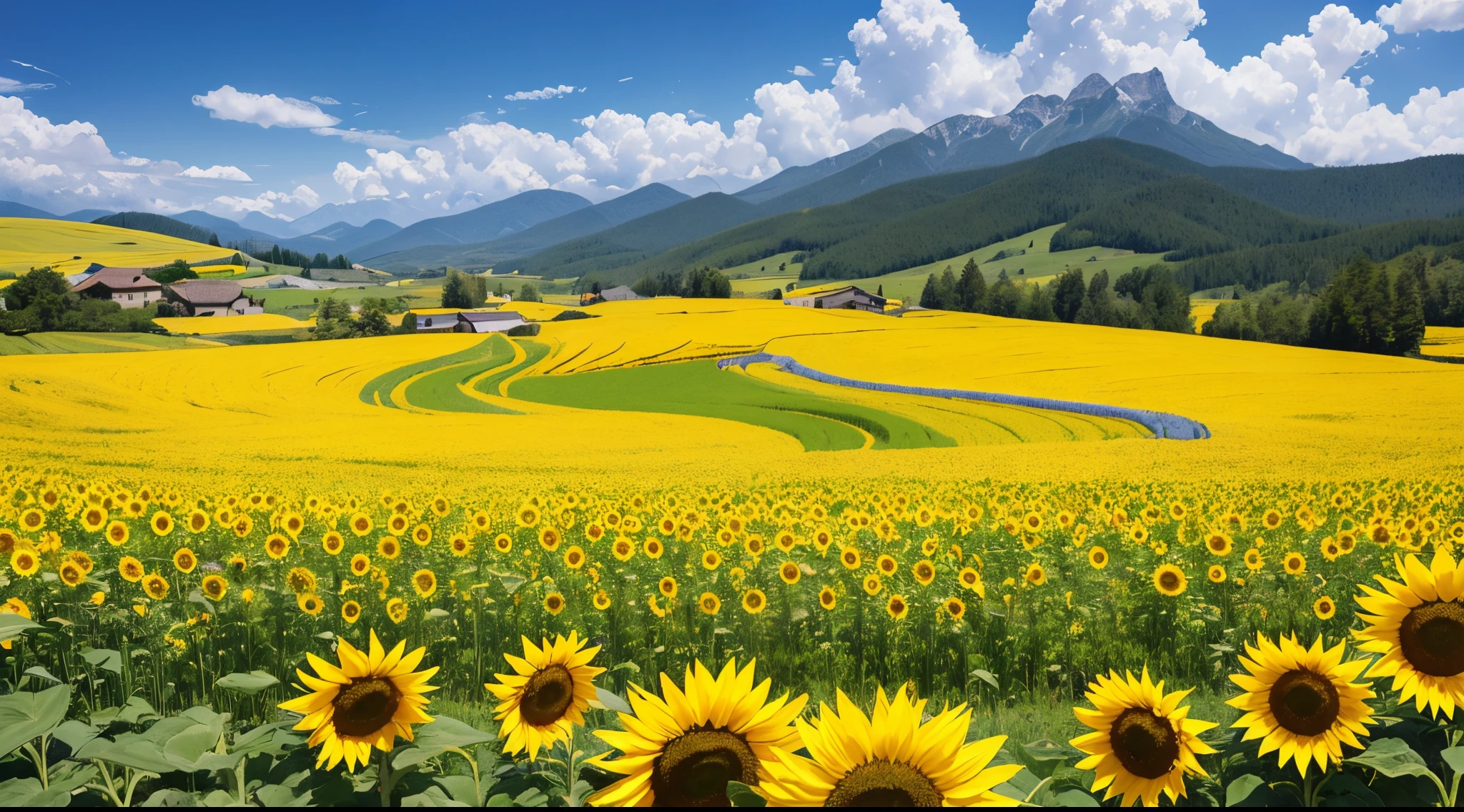超A high resolution、An ultra-high picture quality、8K、Detailed details、marvelous expression、alpine basin countryside、Sunflowers blooming on fallow land、There are so many flowers blooming that they fill the rice field.......、Sunflower zoom-up、Wonderful blue sky without a cloud、