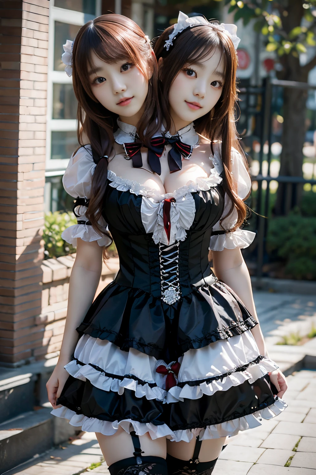 best resolution, 2 heads, half-body shot, korean women, long hair, ta fashion, school background,
