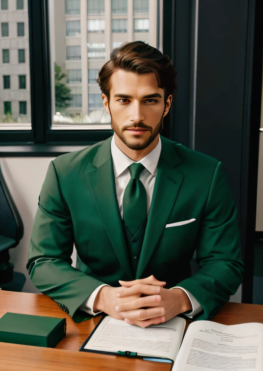 Ala fed man wearing green suit and tie sitting at table, a photo of a man, sitting at the desk, Wearing a doctor suit, corporate photo, Handsome man, professional portrait hd, Wearing a doctor's white suit, Sitting at a desk, a photo of a man, handsome and attractive, professional profile photo, attractive man, sitting behind desk