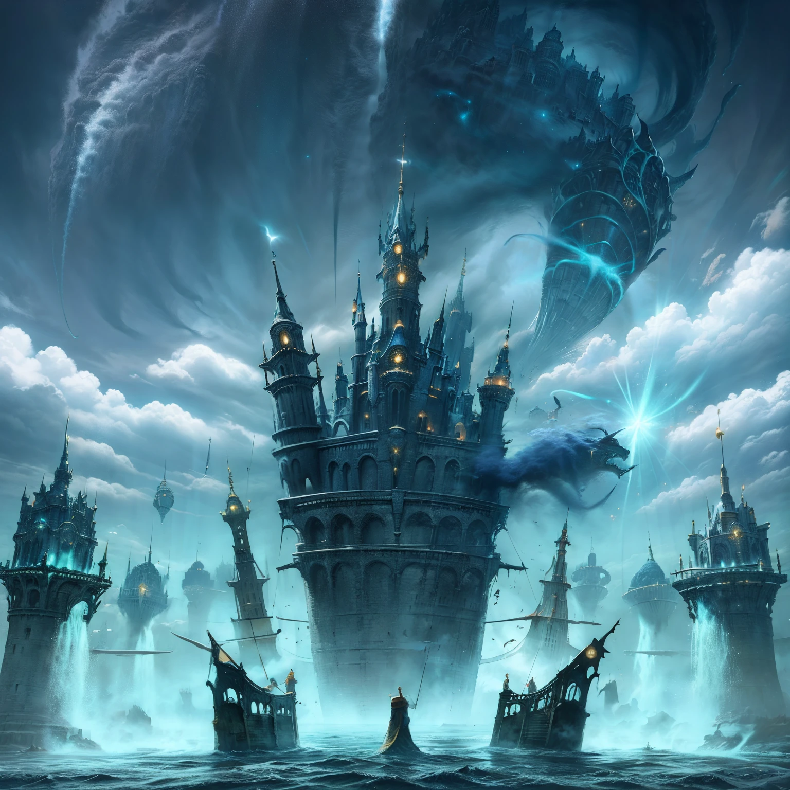 There is a very tall tower in the sky,a huge tomb,The background is the cosmic starry sky,A city floating in the air, flying cloud castle, A city floating in the clouds, Cloud Palace, a palace floating in the air, a huge floating castle, Land floating in the clouds, flying island in the sky, A floating island in the sky, castle in the sky style, Flying castle with towers