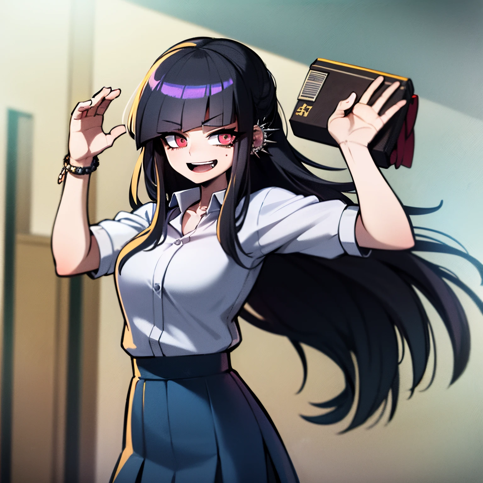 1girl, black hair, assymetric hair, symetric bangs,japanese student outfit, dark green plaid skirt, nose and ear piercings, purple highlights in hair, bulging eyes, happy expression, in one school, japanese school, 4k, masterpiece, Anime, HD,