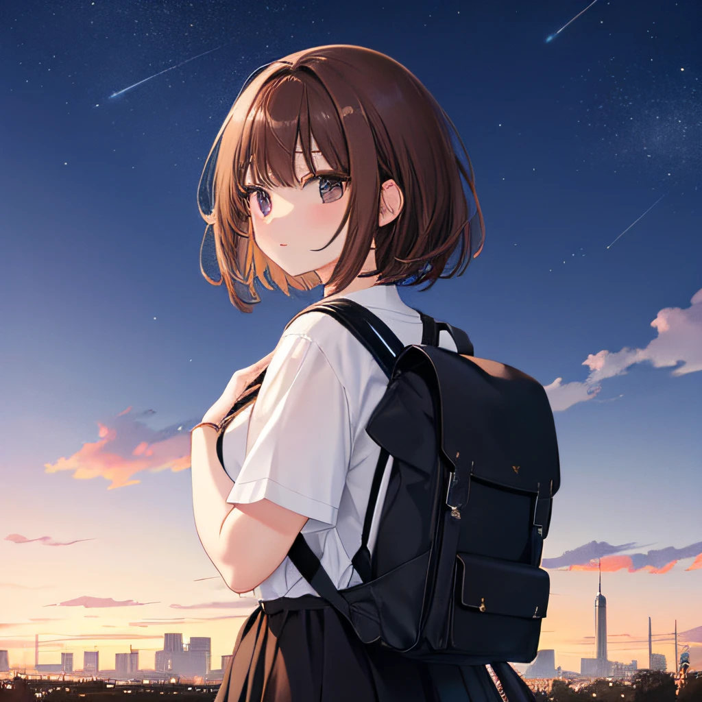 (beautiful and magnificent skyline, majestic sky), (extremely tense and dramatic pictures, moving visual effects), (high hanging Polaris, colorful natural light), (1mage girl), (carrying a backpack), (dynamic pose:1.3, black eyes, black hime-cut hair, sparkling girl)[:0.8], (large grassland), (oncoming breeze), (brown hair and background Coordination effect: 1.2), (close shot, long shot mix and match)[::0.9]