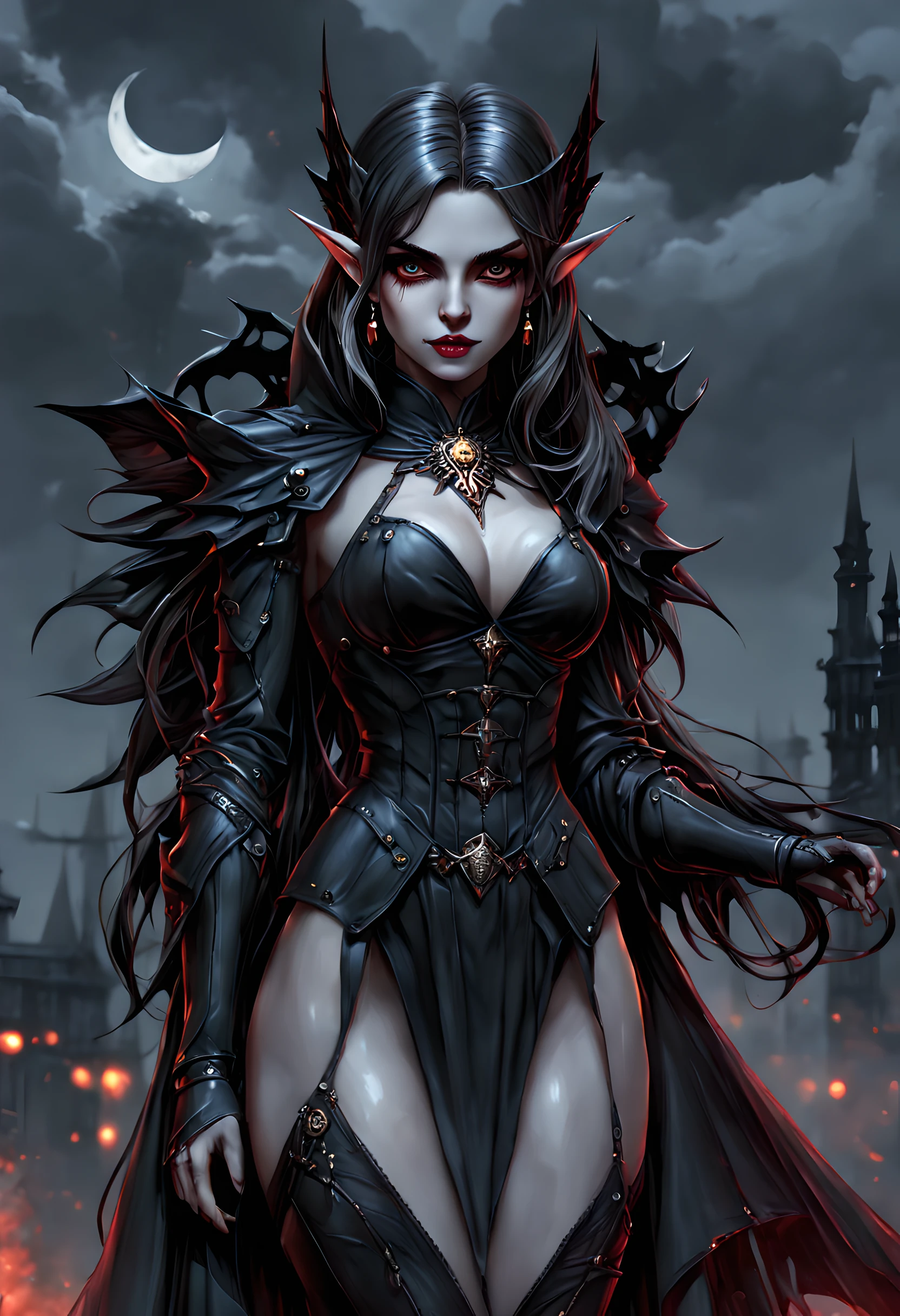 arafed, dark fantasy art, gothic art, (masterpiece:1.5), full body best details, highly detailed, best quality, highres, full body portrait of a vampire, elf (1.6, Masterpiece, best quality), ultra feminine (1.4 intricate details, Masterpiece, best quality) with a long curvy hair, dark color hair, red eyes (1.3 fantasy art, Masterpiece, best quality), ((beautiful delicate face)), Ultra Detailed Face (1.4 intricate details, fantasy art, Masterpiece, best quality), [visible sharp vampiric fangs] (1.6 intricate details, fantasy art, Masterpiece, best quality), [anatomically correct] red cloak, flowing cloak (1.4 intricate details, fantasy art, Masterpiece, best quality), wearing an intricate leather [white] dress (1.4 intricate details, gothic art, Masterpiece, best quality), high heeled boots, blood dripping on lips, urban background (intense details, beat details), fantasy, at night light, natural ,moon light, soft moon light, moon rays, clouds, gothic atmosphere, gothic street background, bats flying in background, soft light, dynamic light, [[anatomically correct]], high details, best quality, 8k, [ultra detailed], masterpiece, best quality, (extremely detailed), dynamic angle, ultra wide shot, RAW, photorealistic, wearing the garterbelt, dungeons and dragons