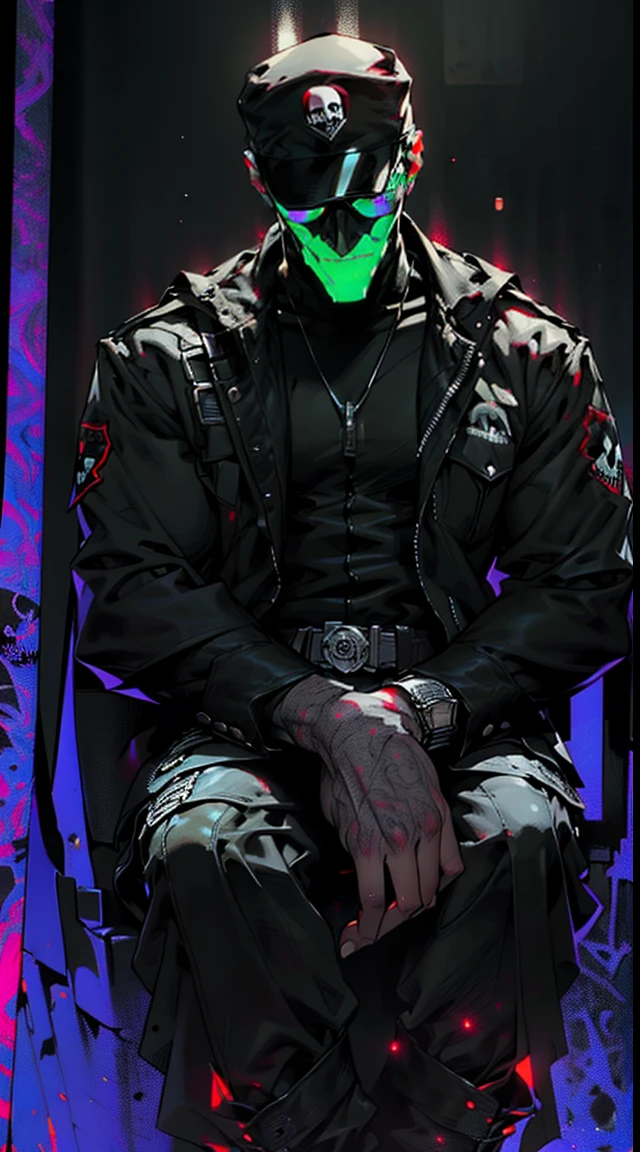 batman、film still from the movie,(Red and black light emitted from clothes:1.7)、(Red military cap with skull emblem)、big muscle、Very large muscles、The background is simple black with a skull emblem...............、(6 feet tall)、sit in a big seat, Luxury seating、with big smiles on their faces、Splattering blood、View from below、
