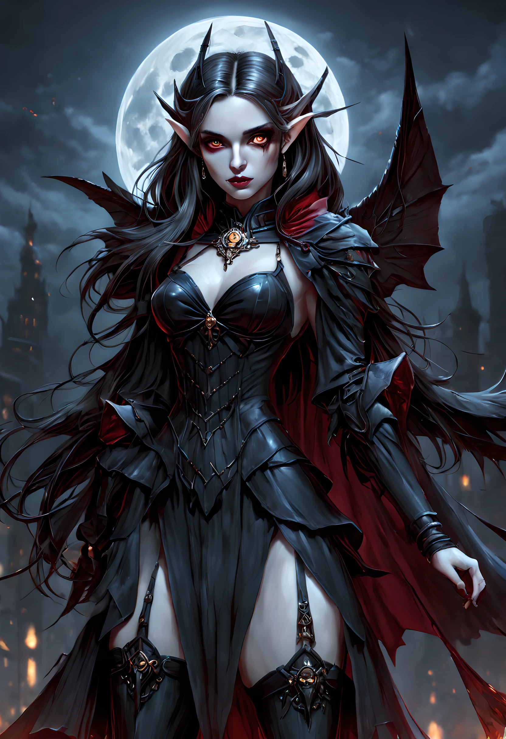 arafed, dark fantasy art, gothic art, (masterpiece:1.5), full body best details, highly detailed, best quality, highres, full body portrait of a vampire, elf (1.6, Masterpiece, best quality), ultra feminine (1.4 intricate details, Masterpiece, best quality) with a long curvy hair, dark color hair, red eyes (1.3 fantasy art, Masterpiece, best quality), ((beautiful delicate face)), Ultra Detailed Face (1.4 intricate details, fantasy art, Masterpiece, best quality), [visible sharp vampiric fangs] (1.6 intricate details, fantasy art, Masterpiece, best quality), [anatomically correct] red cloak, flowing cloak (1.4 intricate details, fantasy art, Masterpiece, best quality), wearing an intricate leather [white] dress (1.4 intricate details, gothic art, Masterpiece, best quality), high heeled boots, blood dripping on lips, urban background (intense details, beat details), fantasy, at night light, natural ,moon light, soft moon light, moon rays, clouds, gothic atmosphere, gothic street background, bats flying in background, soft light, dynamic light, [[anatomically correct]], high details, best quality, 8k, [ultra detailed], masterpiece, best quality, (extremely detailed), dynamic angle, ultra wide shot, RAW, photorealistic, wearing the garterbelt, dungeons and dragons