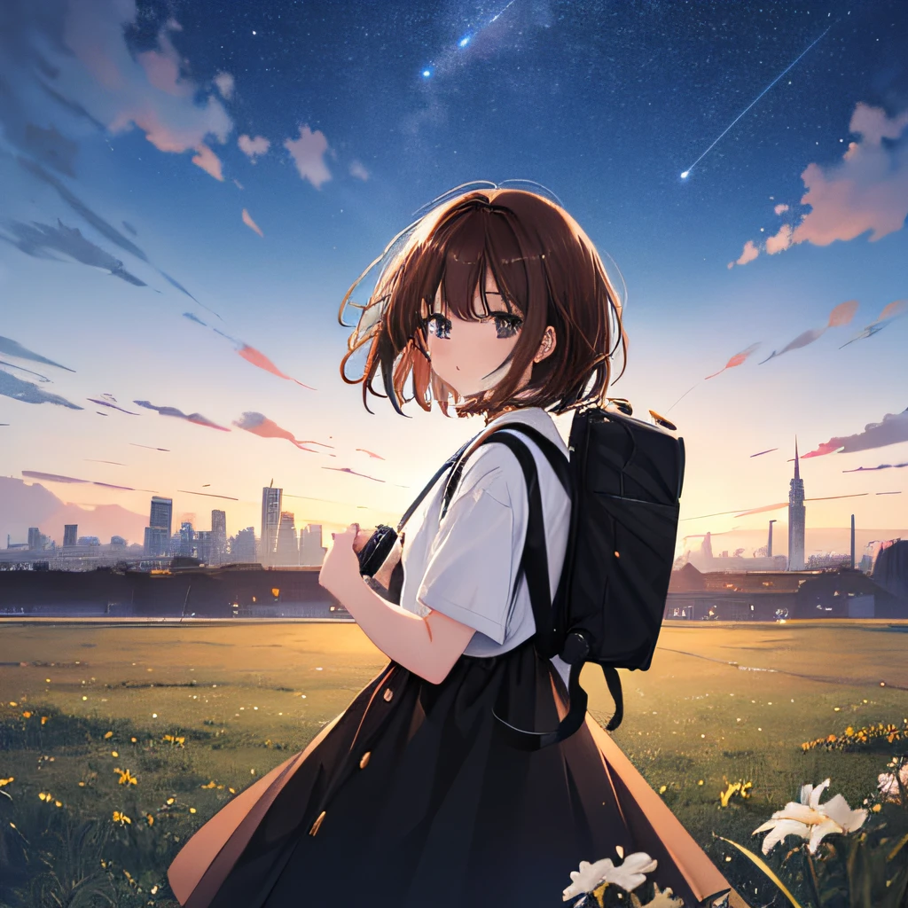 (beautiful and magnificent skyline, majestic sky), (extremely tense and dramatic pictures, moving visual effects), (high hanging Polaris, colorful natural light), (1mage girl), (carrying a backpack), (dynamic pose:1.3, black eyes, black hime-cut hair, sparkling girl)[:0.8], (large grassland), (oncoming breeze), (brown hair and background Coordination effect: 1.2), (close shot, long shot mix and match)[::0.9]