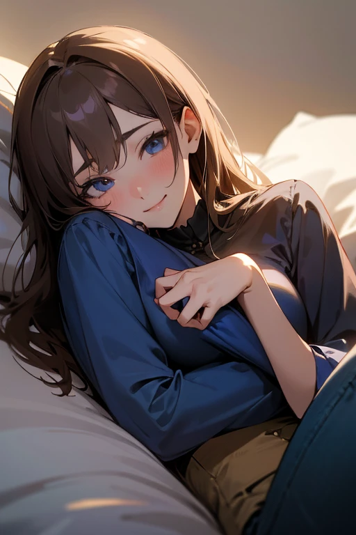 (best quality,4k,highres,masterpiece:1.2),ultra-detailed,realistic:1.37,anime style,soft lighting,romantic colors,beautiful detailed eyes,shy smile,adorable look,elegant brunette girl,slender physique,surreal background,wearing a fitted black blouse and blue jeans,adorable,deeply in love with the viewer,dream-like ambiance,cuddling with the viewer;seductive yet innocent