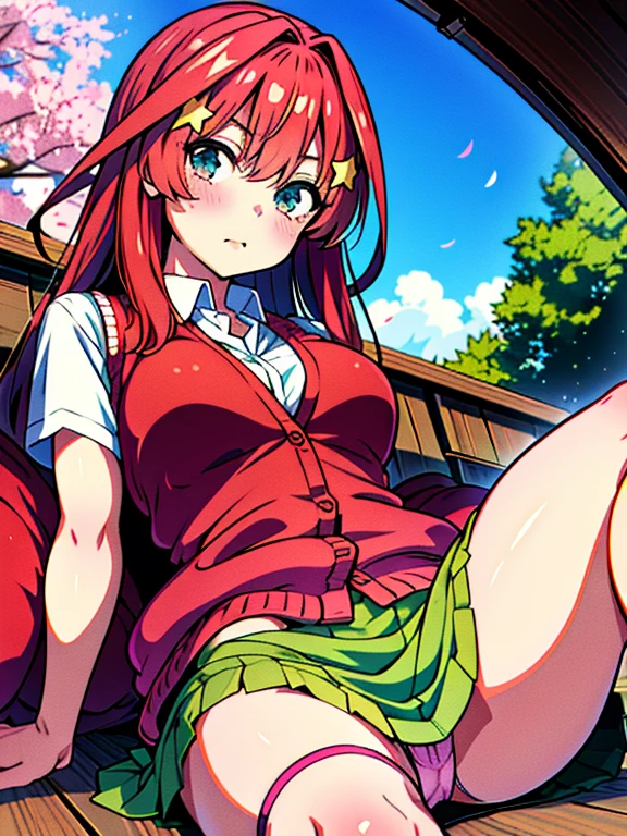 masterpiece, best quality, 1girl, (petite), (Itsuki), (star hair ornaments), (red cardigan vest), (green skirt), (microskirt), (panties), (micro panties), (highleg panties), (pink panties), (strong thighs), thigh strap, sitting, (reclining), (outstretched legs), (outdoors), (picnic), (cherry blooms)