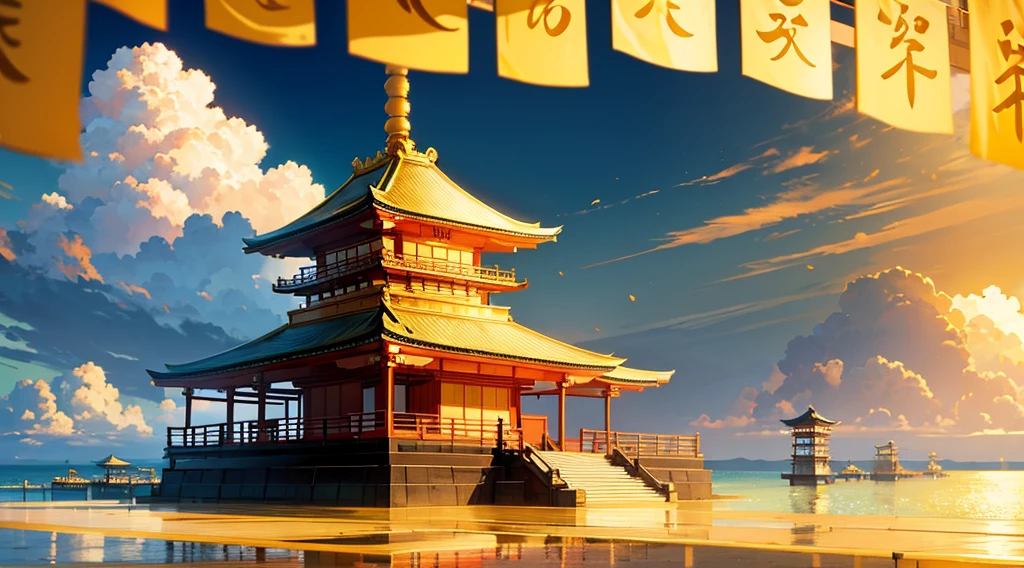 japanese golden shrine, golden background, sea of clouds