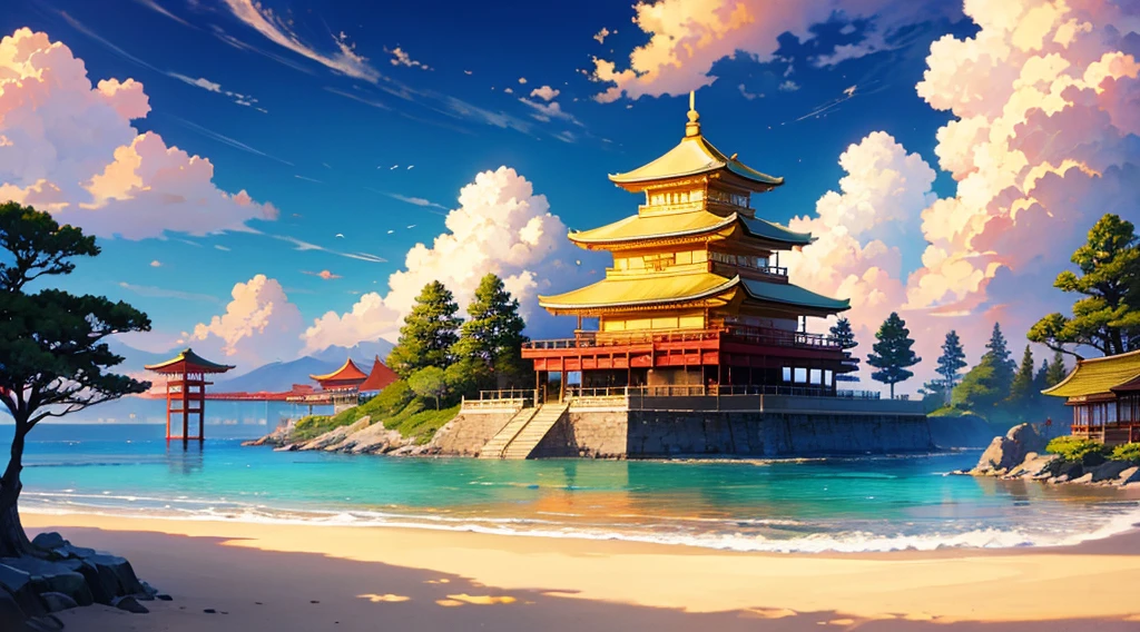 japanese golden shrine, golden background, sea of clouds