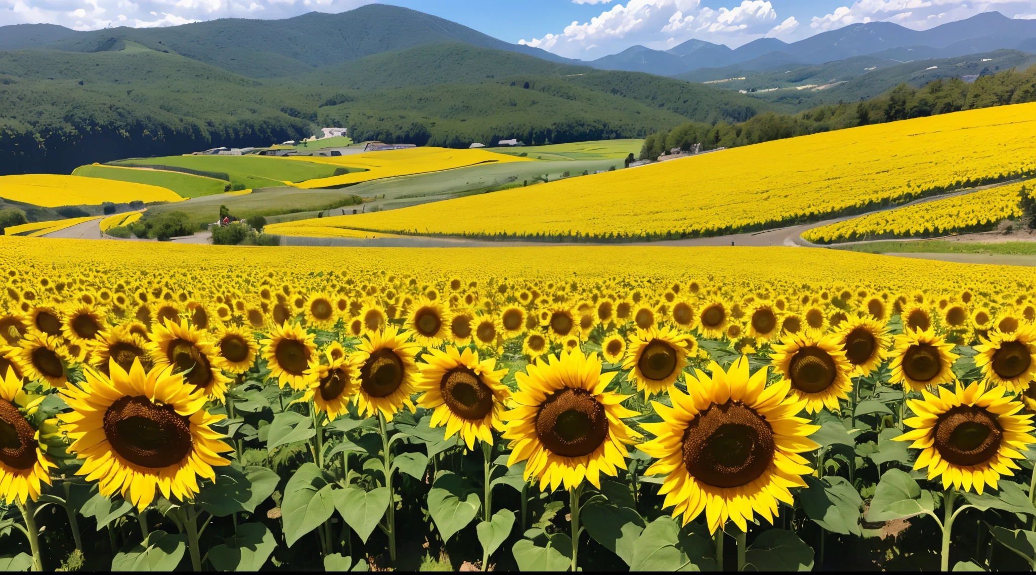 超A high resolution、An ultra-high picture quality、8K、Detailed details、marvelous expression、alpine basin countryside、Sunflowers blooming on fallow land、There are so many huge sunflowers blooming that they fill the rice field........、Zoom in on a single sunflower、Wonderful blue sky without a cloud、