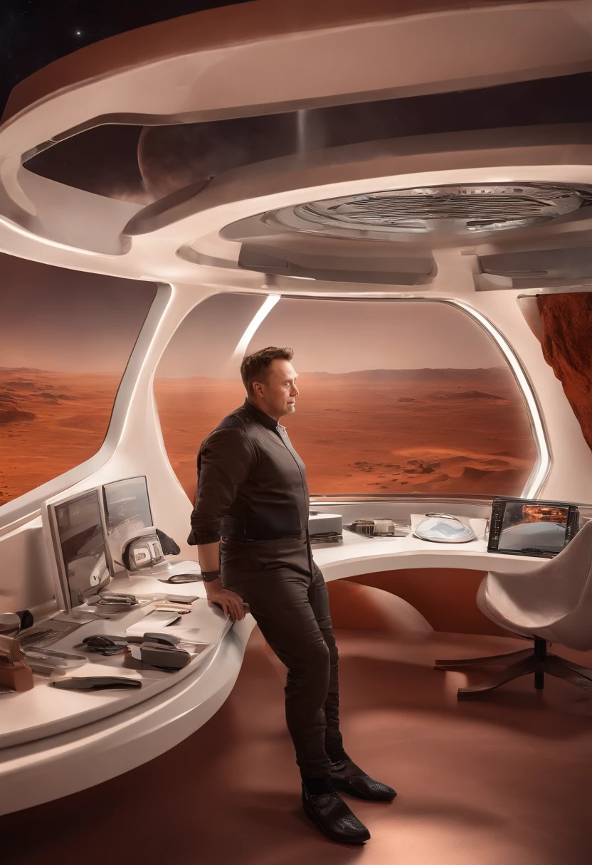 A photo of the character designing a concept for a futuristic Mars habitat at SpaceX Headquarters.,original,elon musk