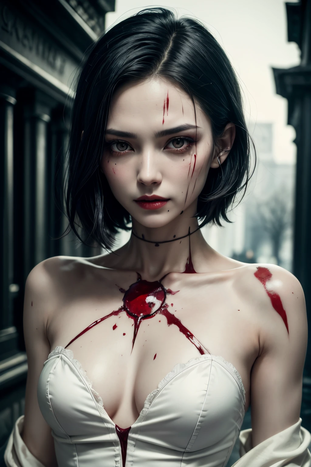 dead man with vampire fangs, SINISTER, woman's, Thin, Pale, looking at the camera, ultra realistis, full detailed, Cemetery environment, light eyes, whitedress, torn and stained with blood, Exposure of bones, putrefactive wounds,, Sensual, terrific, bruised from the body, open clavicle fracture, slight smile, Super detailed, black short hair, Blood and wounds,