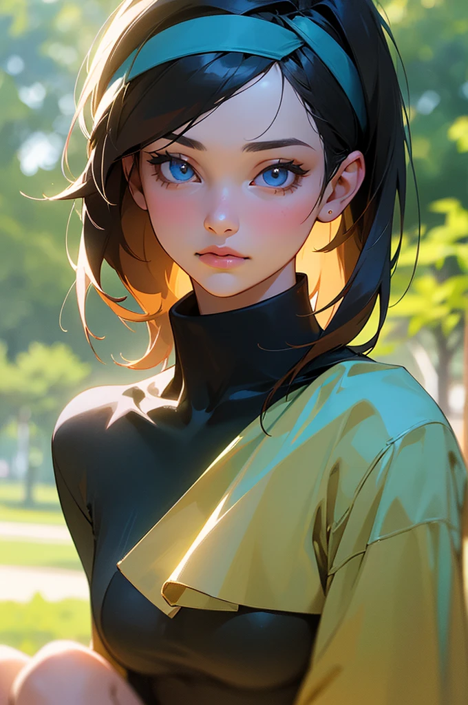 A young woman, 18 years old, sitting in a park, wearing a black turtleneck, blue jeans, and a headband in her hair. (best quality,4k,8k,highres,masterpiece:1.2),ultra-detailed,(realistic,photorealistic,photo-realistic:1.37), HDR, UHD, studio lighting, vivid colors, bokeh, portraits, photography, medium texture, beautiful detailed eyes, beautiful detailed lips, relaxed expression, natural lighting, (girl:1.1,woman:1.1), park setting, calm atmosphere, subtle breeze, sunlit foliage, peaceful nature sounds.