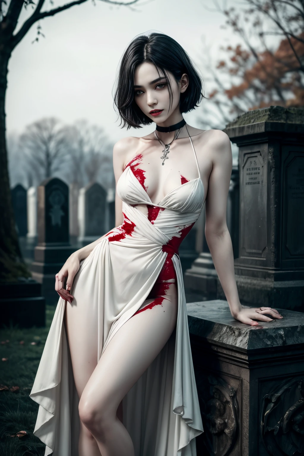 dead man with vampire fangs, vampire with fangs in blood, SINISTER, woman's, Thin, Pale, looking at the camera, full body, in full height, Dynamic posture, ultra realistis, full detailed, Cemetery environment, light eyes, whitedress, torn and stained with blood, Exposure of bones, putrefactive wounds,, Sensual, terrific, bruises on the body, open clavicle fracture, slight smile, Super detailed, black short hair, Blood and wounds,