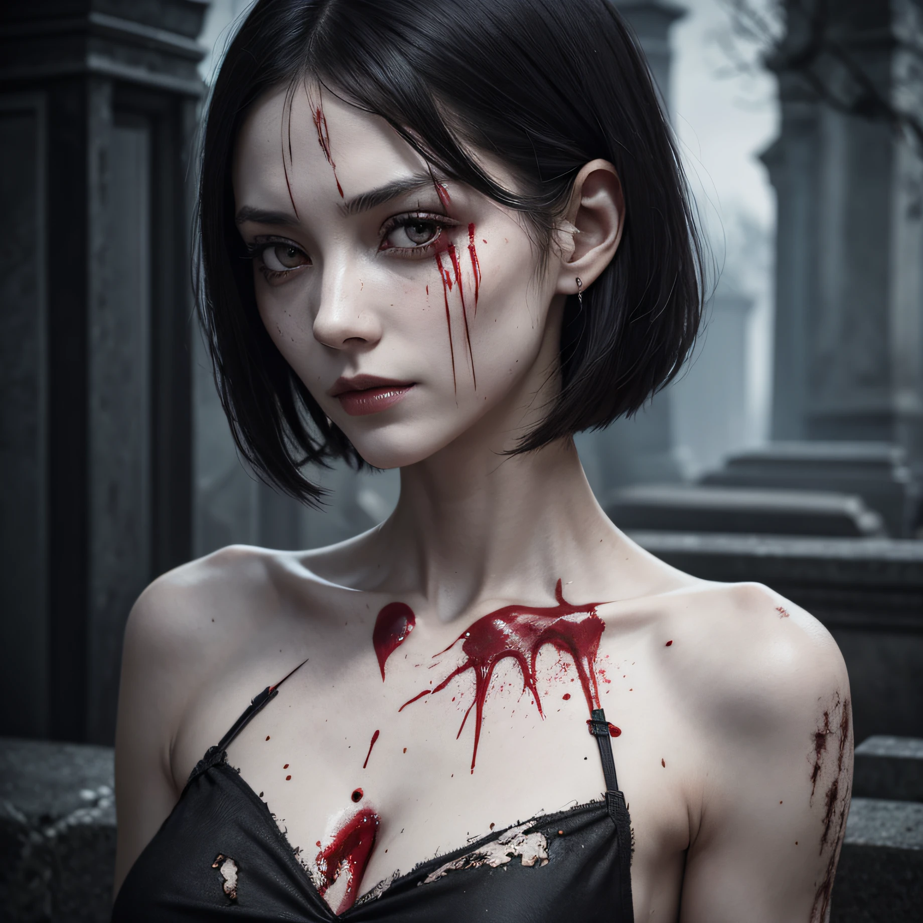 corpse, sinister, female, thin, pale, looking at the camera, ultra realistic, fully detailed, cemetery environment, bright eyes, white dress torn and stained with blood, bones exposed, putrid wounds, sensual, terrifying, bruised by the body, exposed fracture in the collarbone, slight smile, super detailed, black short hair, blood and wounds, stab wounds on body, dirt clotes