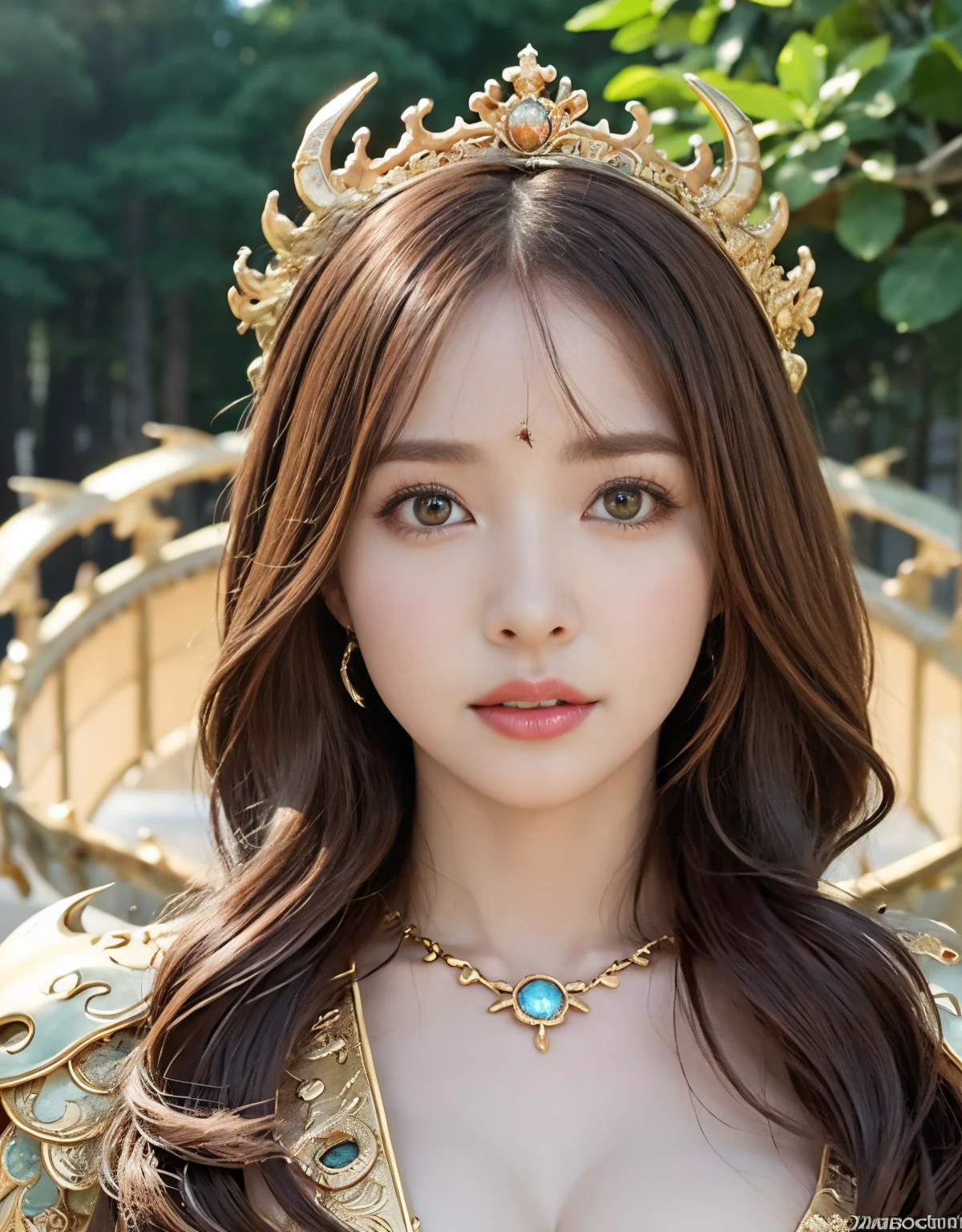 close-up of beautiful korean female, 34 inch breasts size, wearing as a crown costume, in the amusement park, UHD