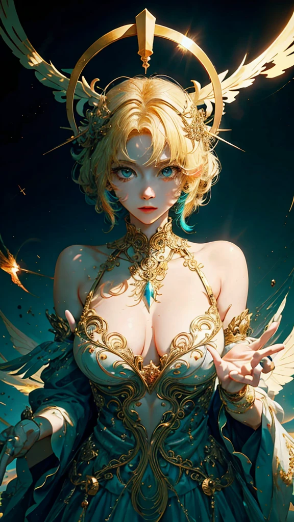 (best qualtiy), ((tmasterpiece)), 1个Giant Breast Girl,(独奏),half-body portrait, Delicate face, looking at viewert, solid eyes, exposed bare shoulders,Exquisite hands, Um ser celestial, light particules, The halo,Mare, Full of energy, Colorful colors, (bio luminescent),(Advanced configuration), 电影灯光