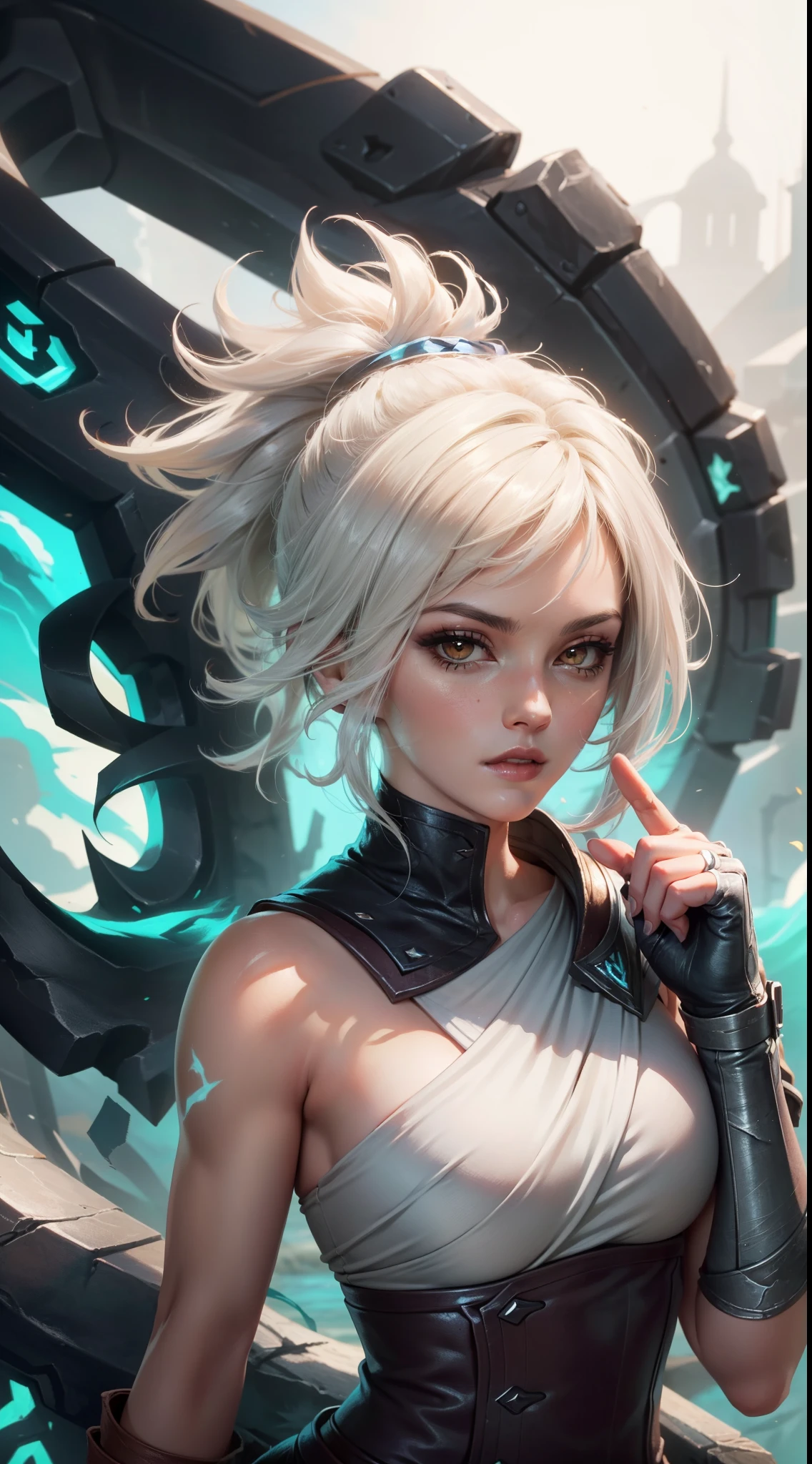 (Masterpiece:1.2), best quality, riven \(league of legends\), 1girl, folded ponytail, short dress, coreset, single pauldron, white hair, black eyeshadow, bare shoulders, upper body, potrait