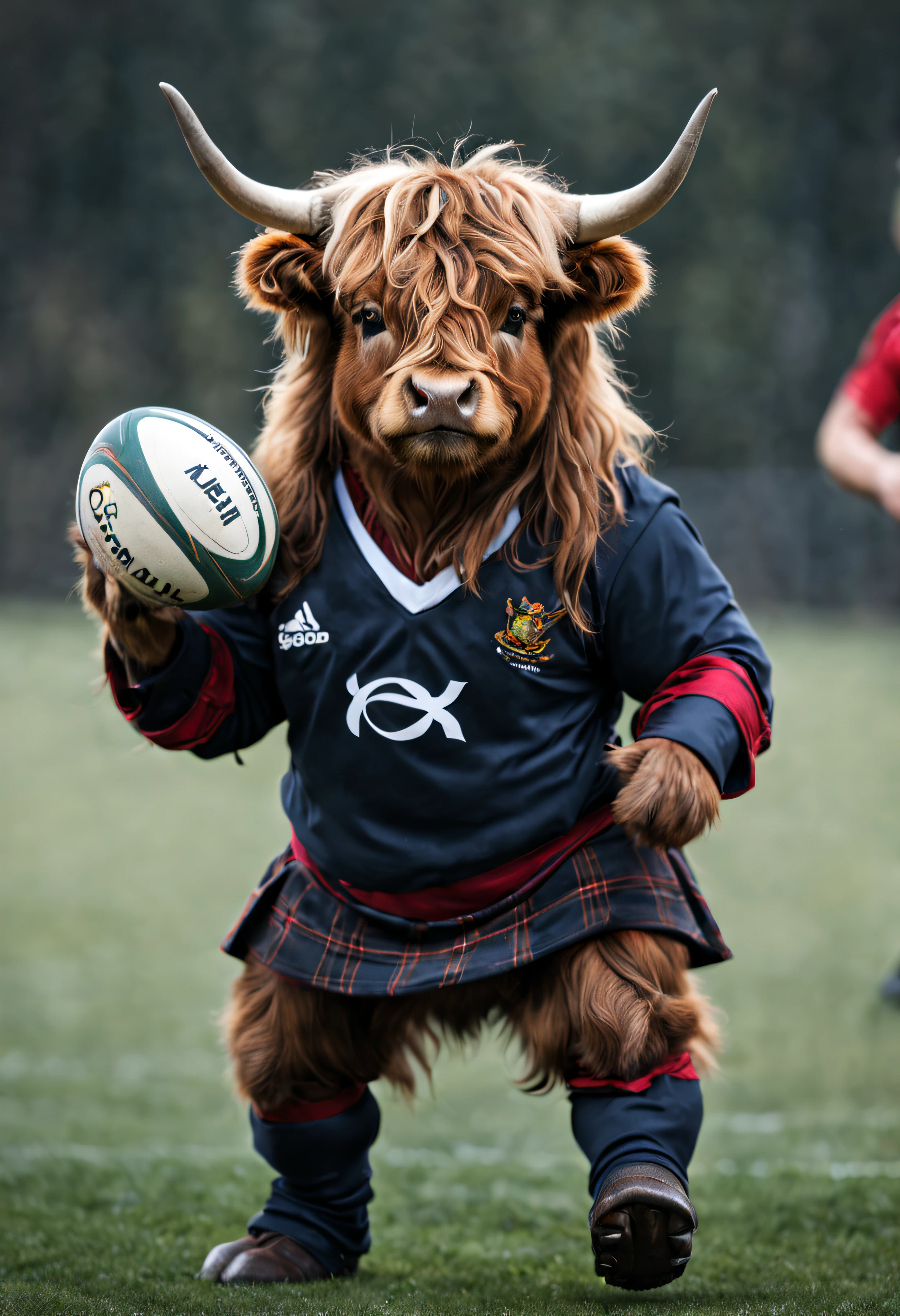 happy, cute, Mini scottish highland cow, long hair, playing rugby, with outfit on