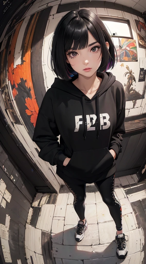 (((8k wallpaper of extremely detailed CG unit:1.2, ​masterpiece, hight resolution:1.2, top-quality:1.2, masutepiece))), ((a very beautiful woman, Hands in pockets:1.8, Street fashion:1.2, Wearing a hoodie, Wearing leggings, Wearing shoes)), ((extra detailed face, Extremely beautiful face, Highly detailed black eyes:1.2, extra detailed body, Top quality real texture skins)), (A dark-haired, bob cuts, de pele branca, Small), ((surrounded by colorful walls)), (high-angle, Fisheye:1.3), hyper realisitic, digitial painting,