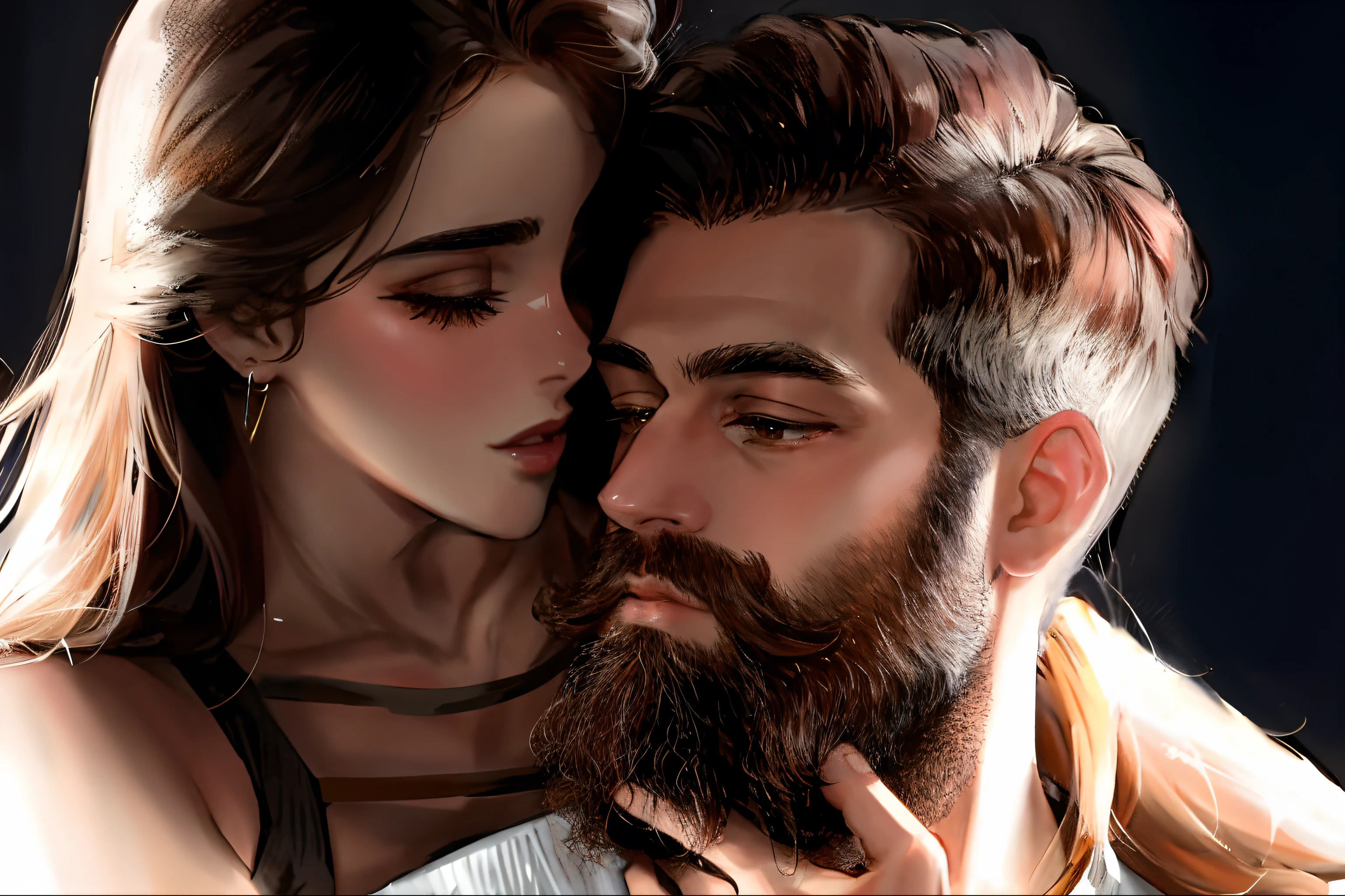 Close up portrait of man and woman hugging each other, bushy beard, Waxbeard, Groomed beard, thick beard, thick brown beard, long empty beard, Bearded, Bearded Man, Natural beard, A very attractive man with a beard, Curled beard, long brown beard, long beard, Beautiful man with a beard, Well-groomed facial hair, Built with a beard