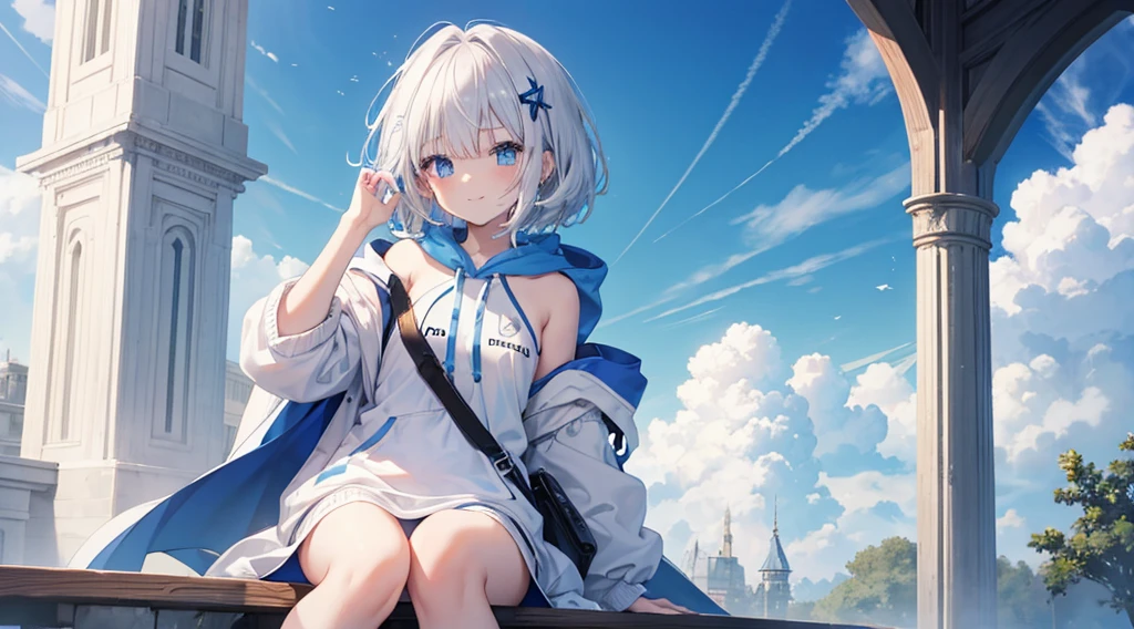mid-shot, Look at viewers, hands behind back, girl with, 20 years old, Very short hair, long bangs between eyes, hair over shoulder, Grey Hair, Floating hair, ^ ^, pale blue eyes, Short dress, Hoodie, Skirt, Bare shoulder, White clothes, Blue sky, Nature, Sunlight, Extremely detailed,(masterpiece、top-quality)、独奏、1womanl、White hair、the tips of the hair are blue、Blue eyes、A smile、White skin as clear as snow、Fantastical,Small breasts, Silver hair, Blue eyes, Beautiful eyes, Teen Girl, Ecstasy, charmed, be smitten with audience, Hoodie, Hoodie with open front, fantastic landscape, Shoulder out,