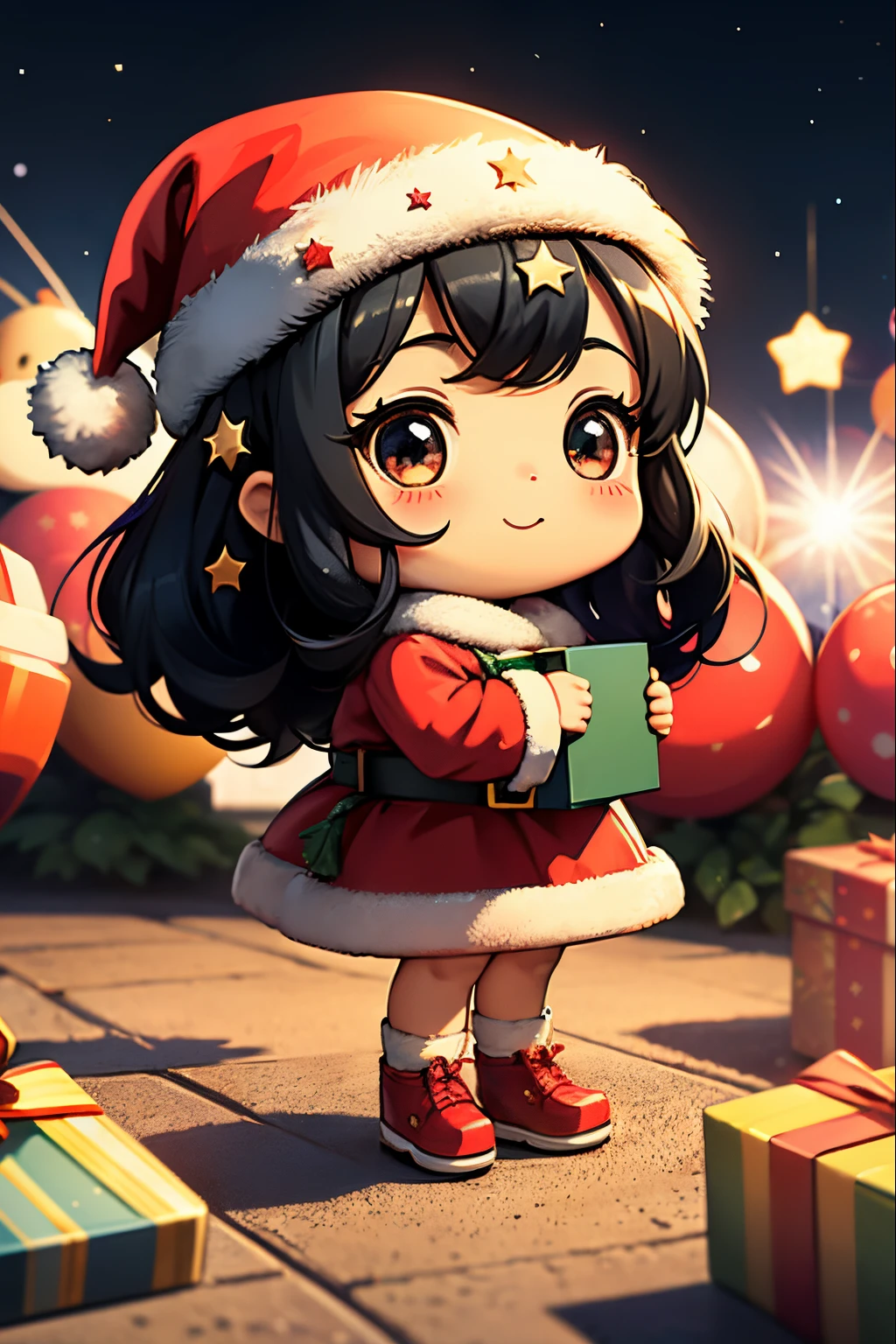 Santa Claus joyfully brings gifts、Santa is a cute girl、Chibi doll、Stars in the eyes(Kirakira)、Looking Up、Long black hair、Laugh、Cute red shoes、Sharp focus, ultra detail, Luclean world、bioluminic、Taken from the side、Stronger bokeh effect