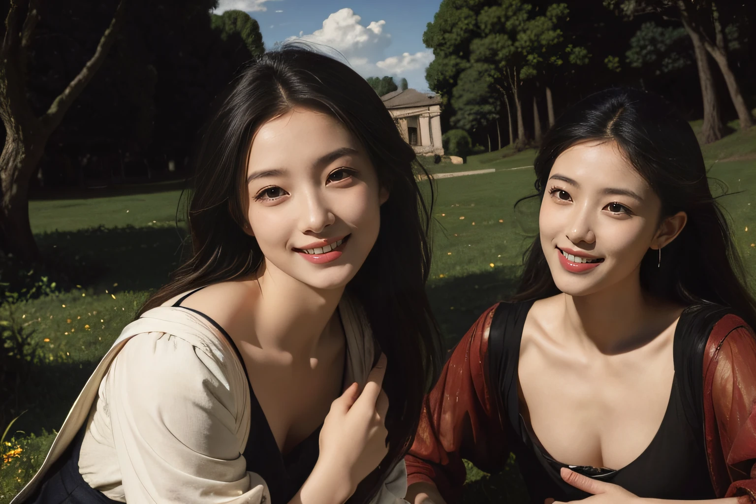 Poussin-style landscape,A smile,,Sweet and seductive appearance.、Caravaggio's paintings、Chiaroscuro of Caravaggio、Hair disheveled in the wind,Two women frolicking,Cute smile, Expression of ecstasy