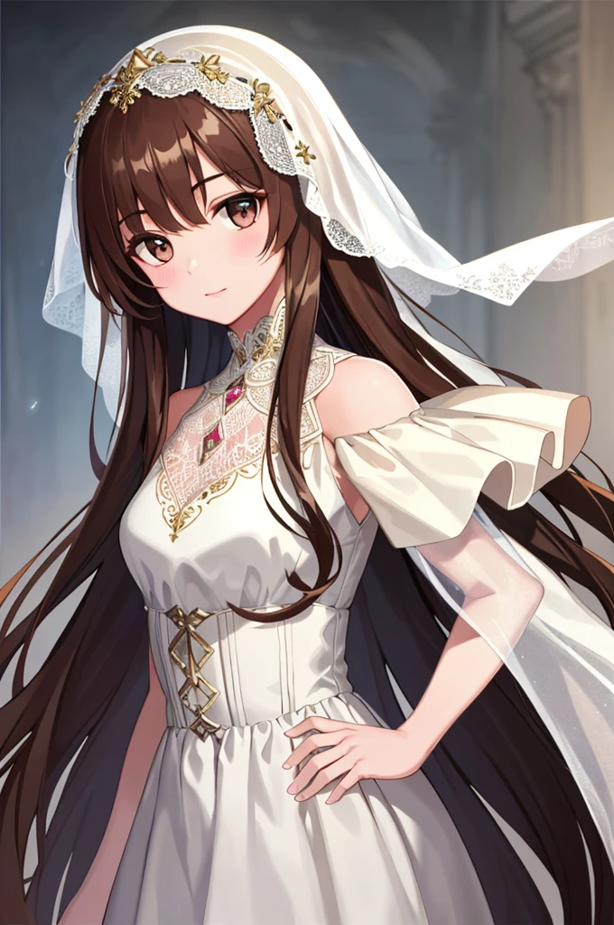 ((8k masterpieces)), best quality, incredibly detailed, (1 girl), long brown hair, delicate face, bright eyes, wide angle, veil effects.