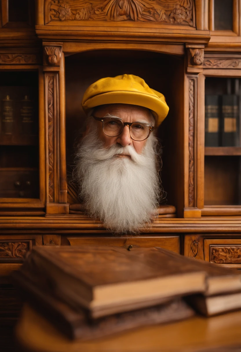 A beautifully handcrafted wooden desk with a built-in bookshelf and intricate carvings.,original,He has a long white beard and is close to 70 years old. He wear wore rimmed glasses and a yellow safety hat at all times