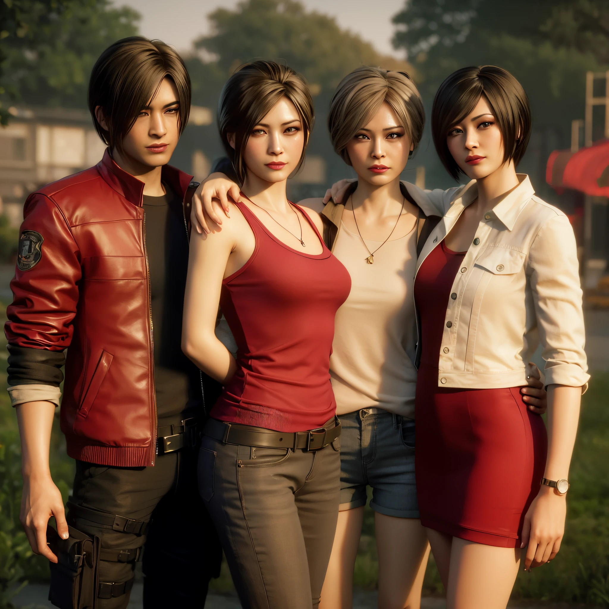 Ada wong ,Woman, wearing red hoody dress, bob hair, red polish, Calm expression, little smile
