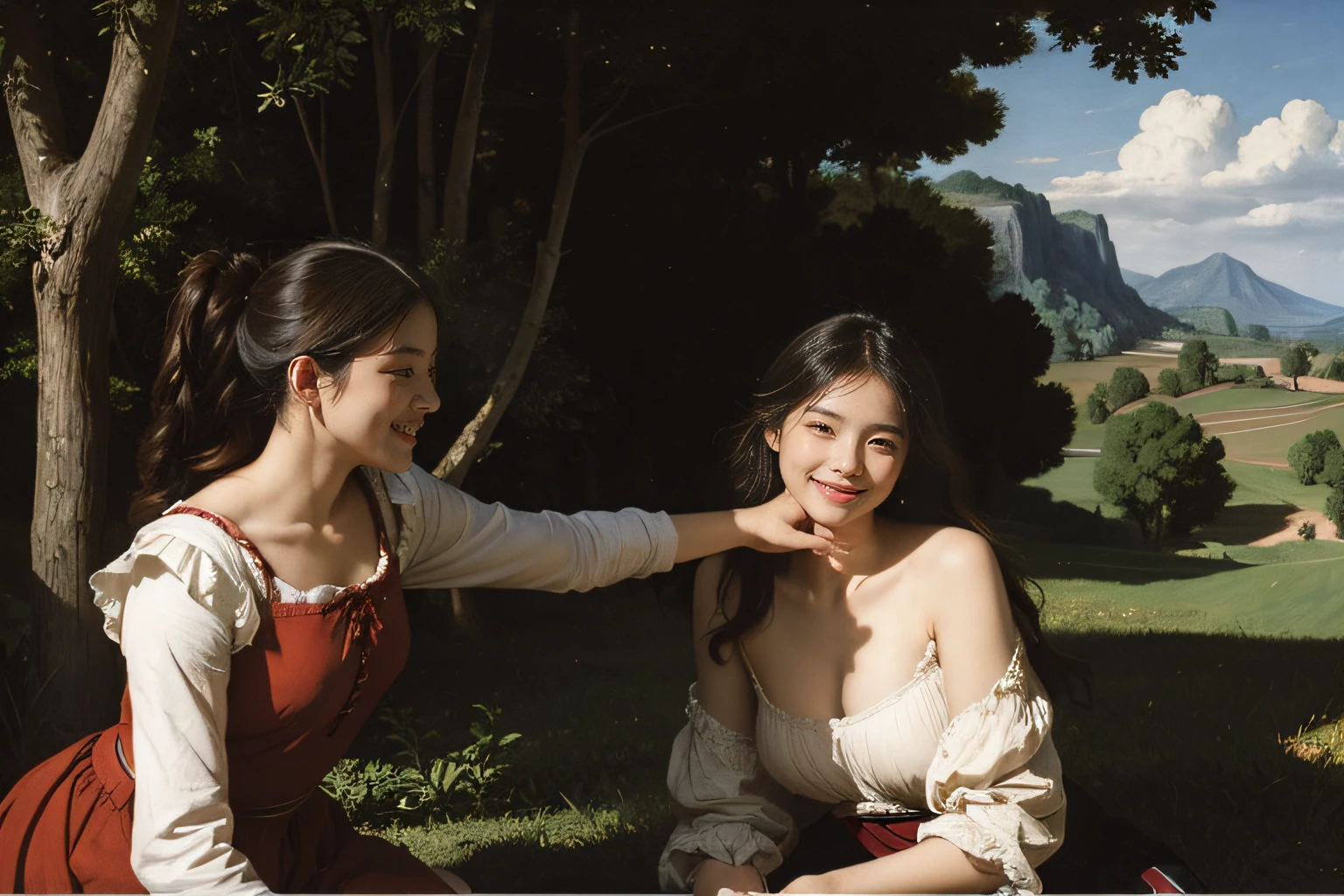 Poussin-style landscape,A smile,,Sweet and seductive appearance.、Caravaggio's paintings、Chiaroscuro of Caravaggio、Hair disheveled in the wind,Two women frolicking,Cute smile, Expression of ecstasy