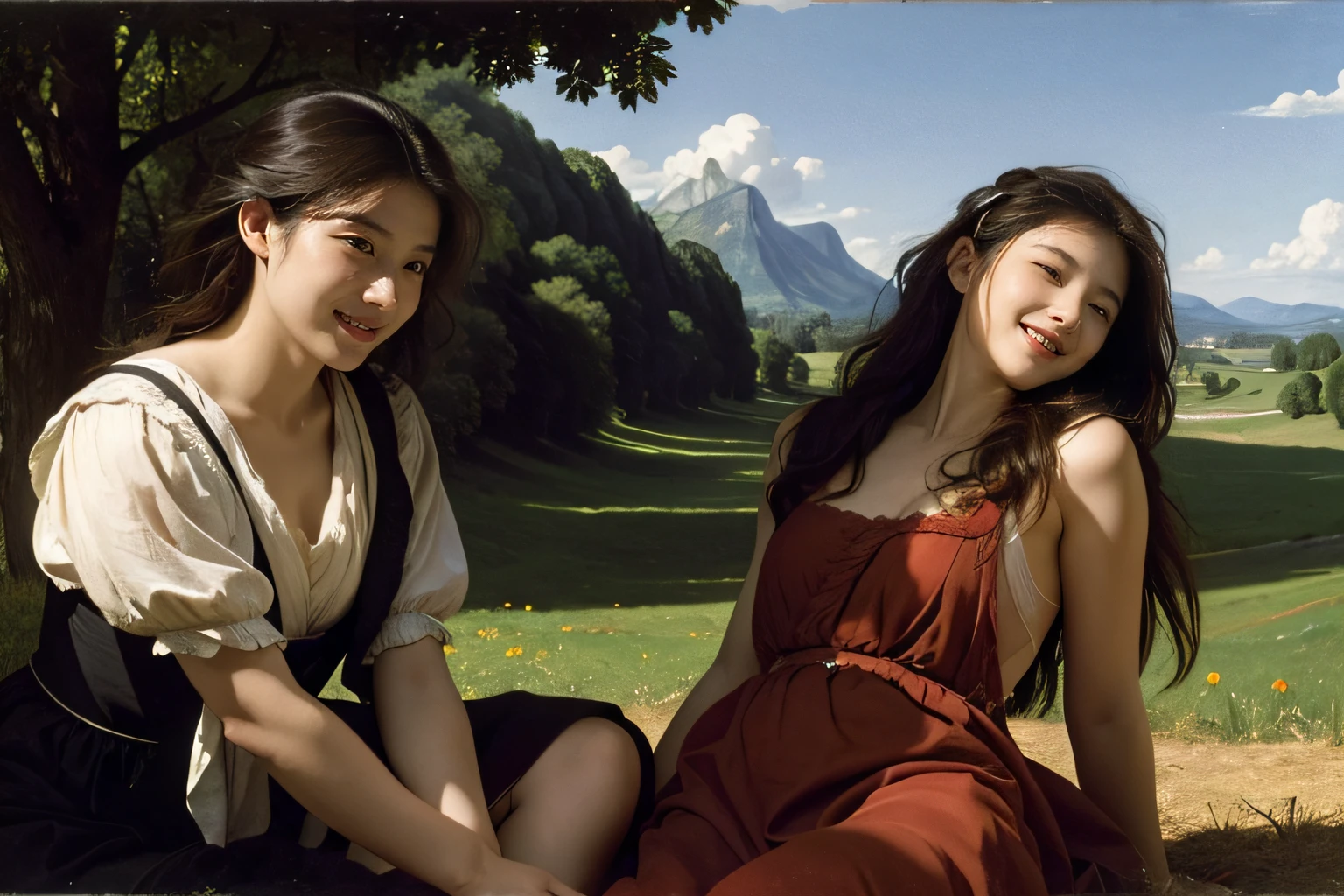 Poussin-style landscape,A smile,,Sweet and seductive appearance.、Caravaggio's paintings、Chiaroscuro of Caravaggio、Hair disheveled in the wind,Two women frolicking,Cute smile, Expression of ecstasy
