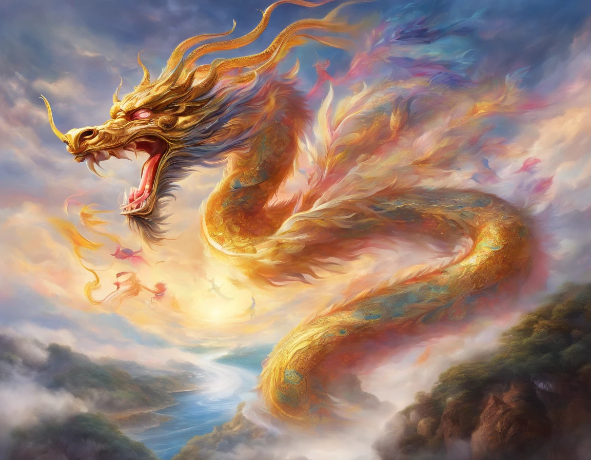 A flag、masterpiece、(white backgrounid:1)、Golden Chinese dragon surrounded by white clouds、The deities々The halo、ventania、The deities、long wavy body、bucktooth、upper part of body、fanciful、mito、high high quality、The is very detailed、masterpiece、epic、particle effect、Dynamic effects