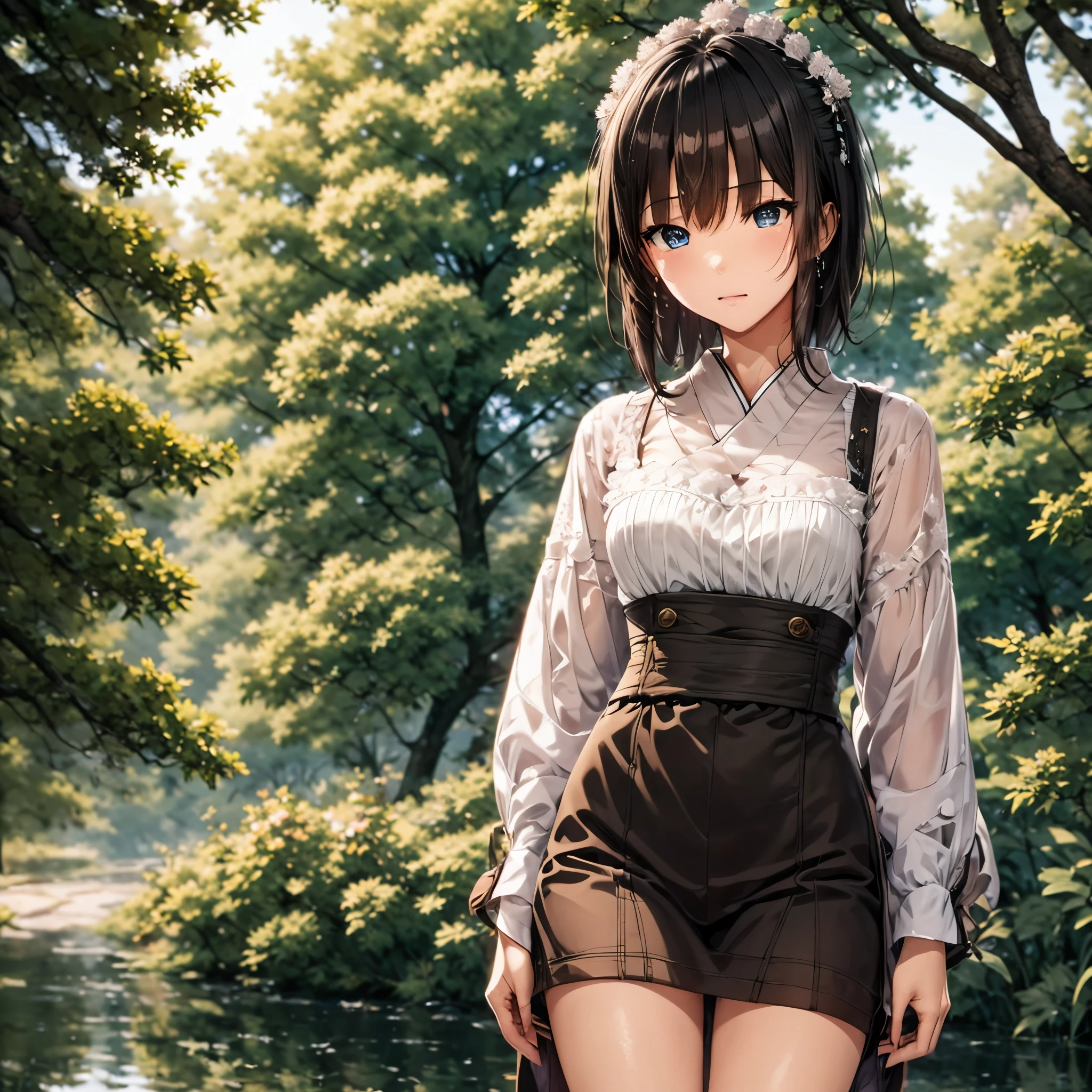 extremely cute and beautiful girl,Blue Plaid Summer Dress with Detailed Ruffles,Without sleeves,(Skirt lift, crotch visible through panties, White transparent panties, panties made of the finest invisible lace ),(very detailed beautiful face and eyes:1.2), cowboy shot,smile,black hair,wreath, (I&#39;m standing at a spring in the forest),fog,fantastic stone monument,detailed landscape, (Best quality,Masterpiece:1.2),(complex parts),extremely detailed,A high resolution,One, cinematic lighting,muffled light,Dynamic angle,Hair fluttering in the wind, 8K