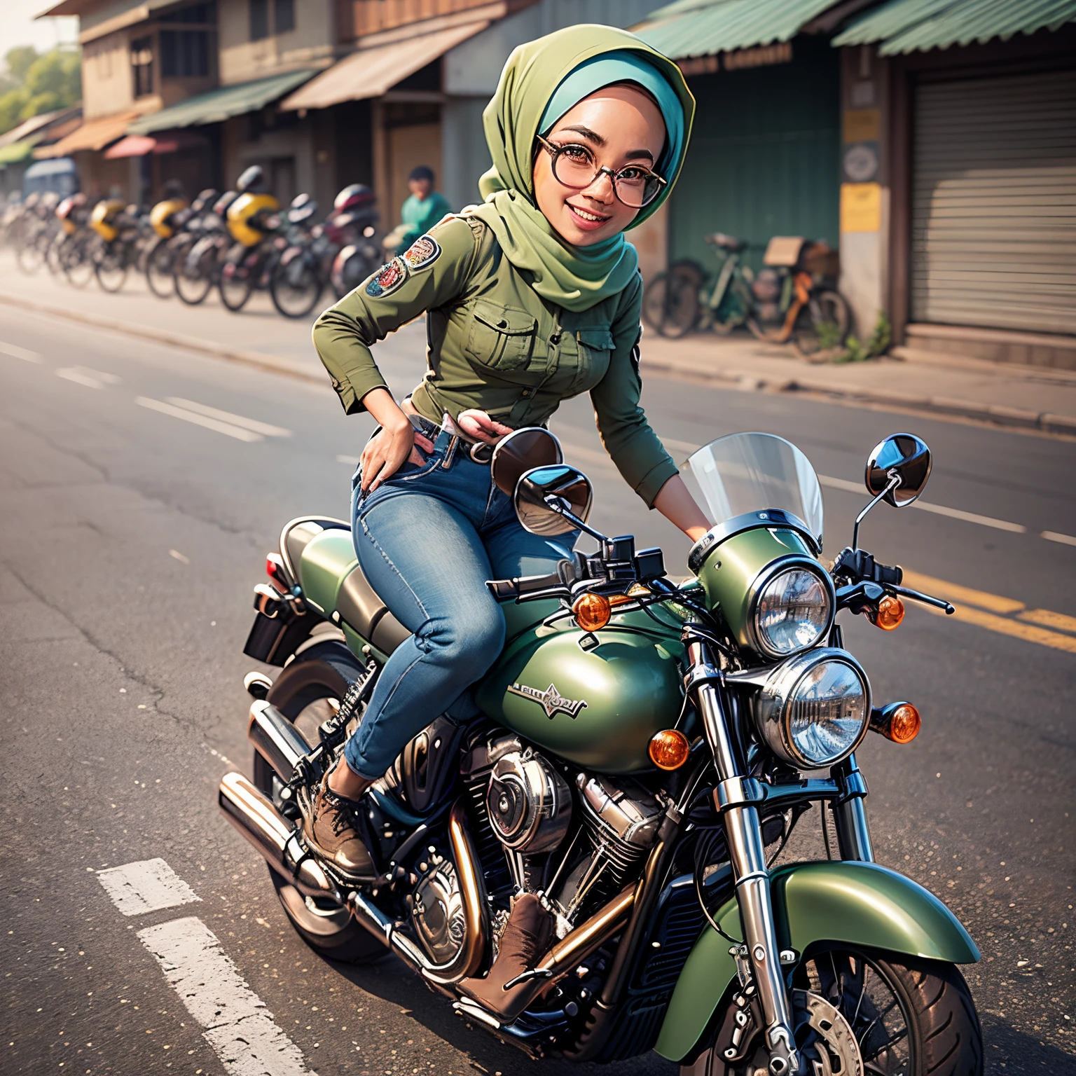 full body comic caricature of of Malaysian woman, with happy and funny face, female, wearing khaki shirt, green hijab and helmet, wearing spectacles, wearing blue jeans, sharp focus. riding a harley davidson, kampung background, luminous shadows, ray tracing, very detail, street kampung background, illustration, 24mm wide angle lens --auto --s2