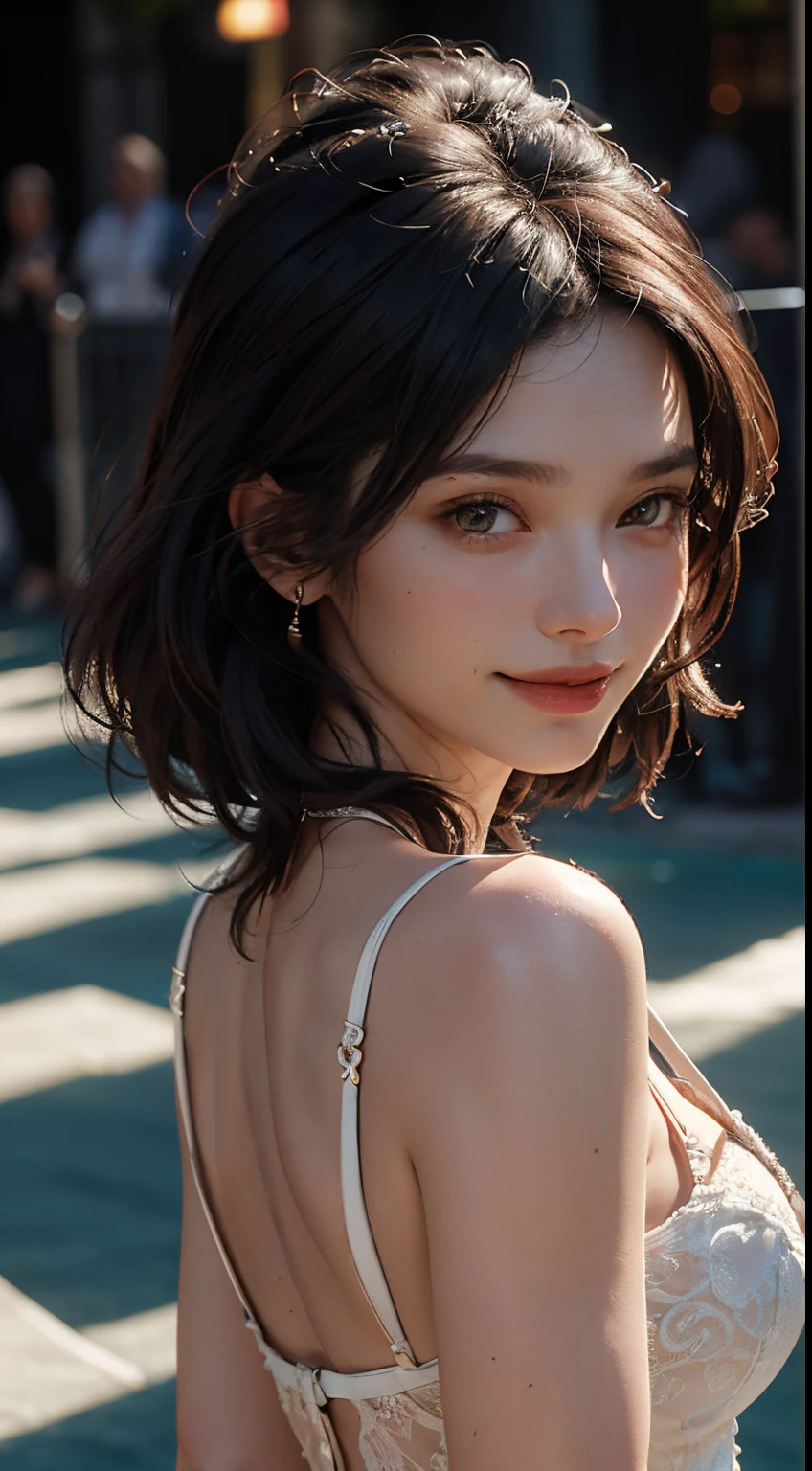 best qualtiy，tmasterpiece，超高分辨率，（Fidelity：1.4），（Ultra photo realsisim）， （A high resolution）， （8K），RAW photogr，1girll，cropped shoulders，cinmatic lighting, ssmile,short detailed hair，Black shawl straight hair，46 points oblique bangs，High-definition detail、Hyper-detailing、cinematic ligh、ultra-realistic realism、Soft light、Deep field focus bokeh、with short black hair，White skin，famousartwork，s the perfect face，beauitful face，beautidful eyes，（（Perfect female body））