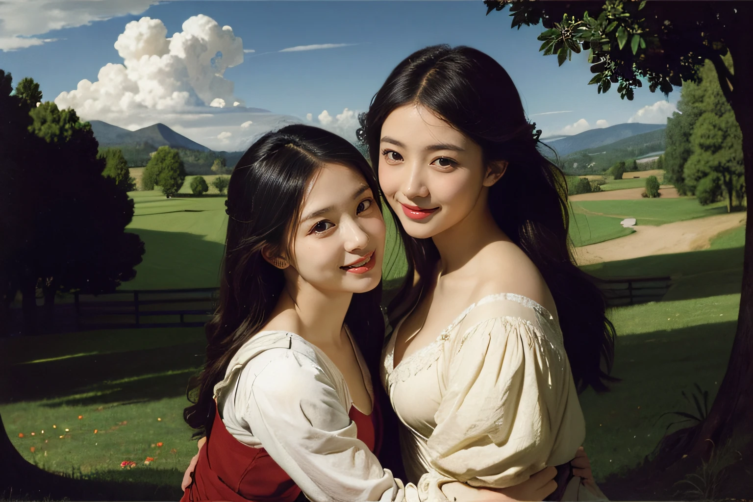 Poussin-style landscape,A smile,,Sweet and seductive appearance.、Caravaggio's paintings、Chiaroscuro of Caravaggio、Hair disheveled in the wind,Two women frolicking,Cute smile, Expression of ecstasy