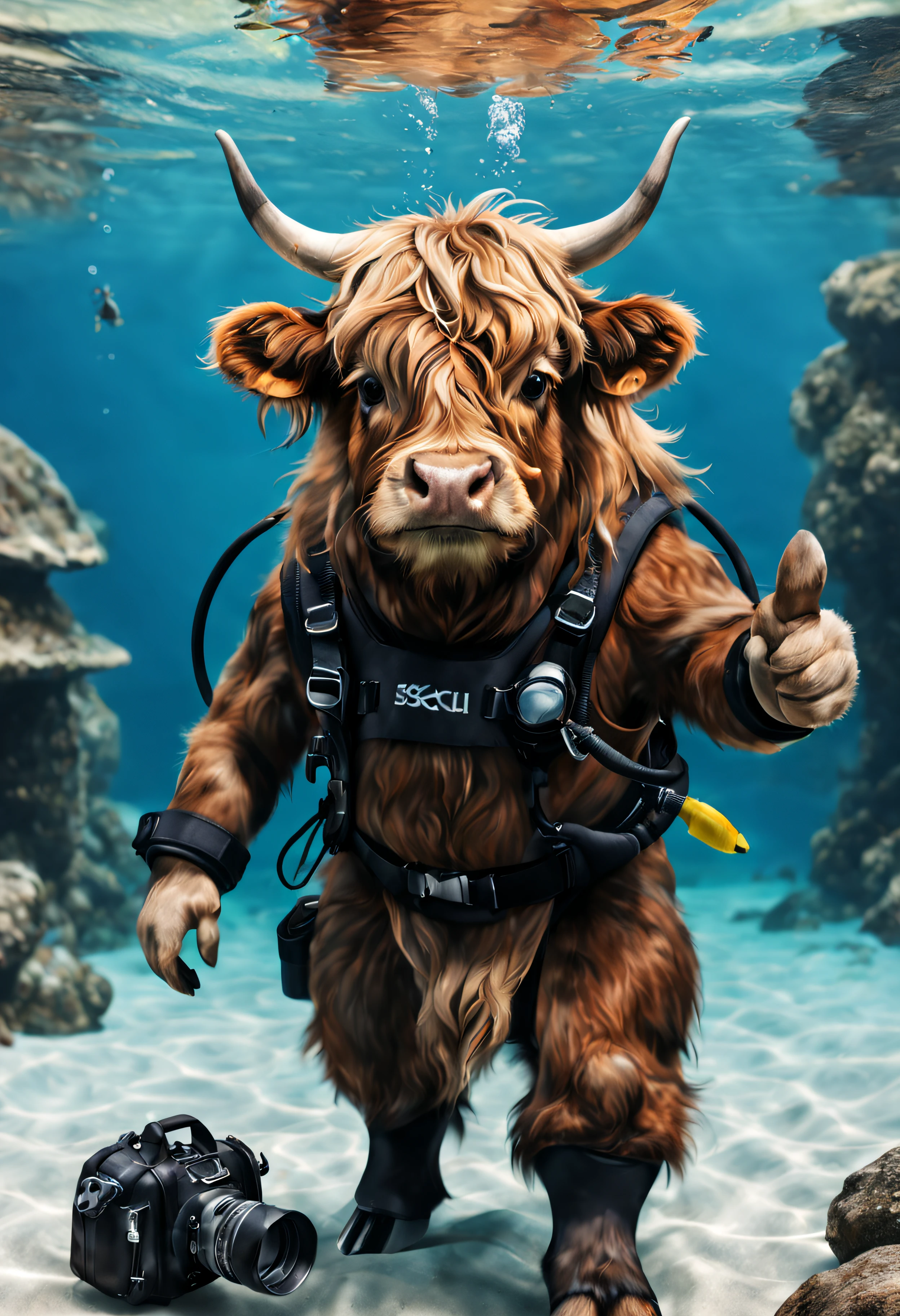 cute, Mini scottish highland cow, long hair, scuba diving in clear water, with equipment on, with fish around