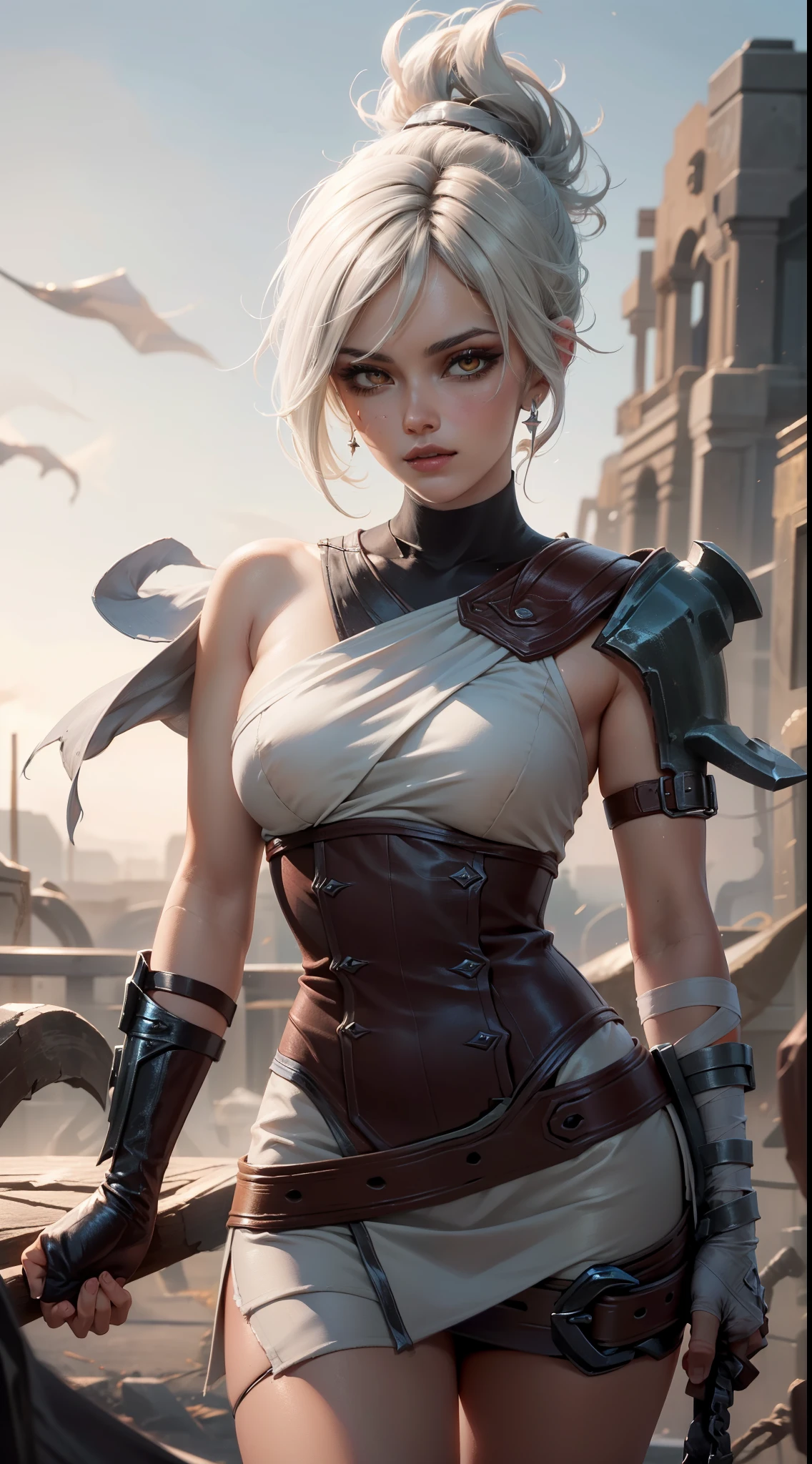 (Masterpiece:1.2), best quality, riven \(league of legends\), 1girl, folded ponytail, short dress, coreset, single pauldron, white hair, black eyeshadow, bare shoulders, upper body, potrait