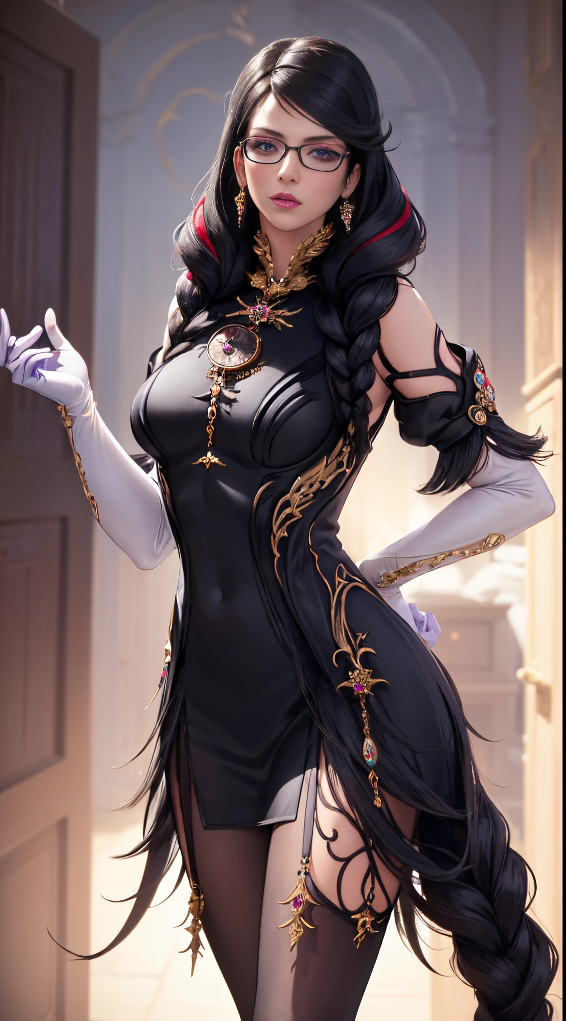 (masterpiece, best quality:1.2), intricate details,  bayonetta3, 1girl, long hair, glasses, makeup, twin braids, lipstick, jewelry, elbow gloves, (mature female:1.2)