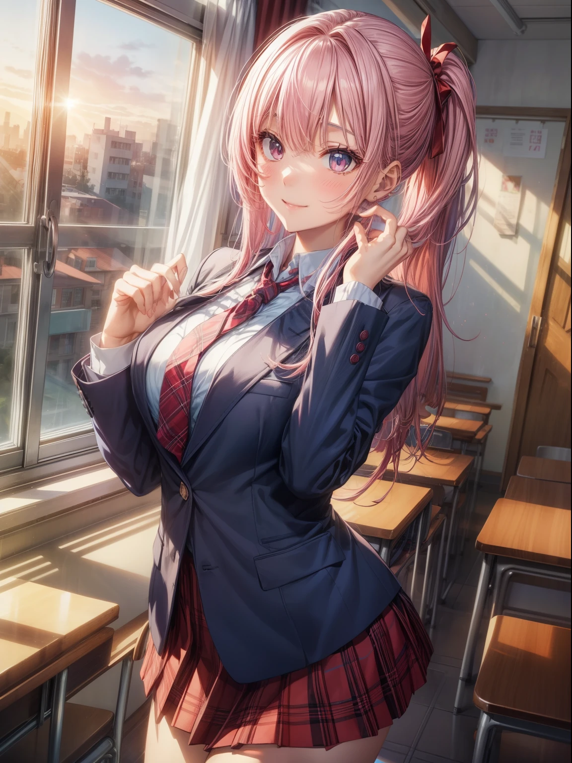 top-quality、Full limbs、complete fingers、one beautiful women、Beautiful Large Breasts、poneyTail、Pink hair、Dark blue blazer、White Y-shirt、Red tie、Red plaid miniskirt、A big smile、schools、Classroom、Sunset through the window、Naughty Poses