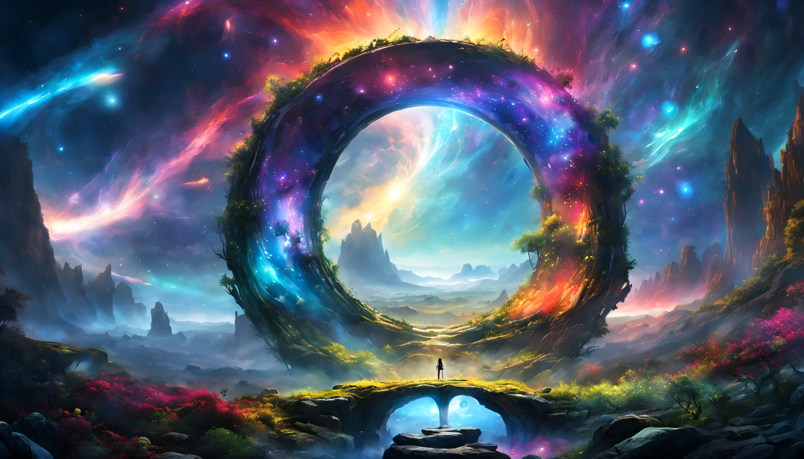 view from afar where a person stands in front of a huge landscape of nature growing from a huge cosmic portal against the backdrop of a cosmic landscape, colorful mystic light, UHD, by Alexander Jansson and Aleksi Briclot and Arnold Böcklin