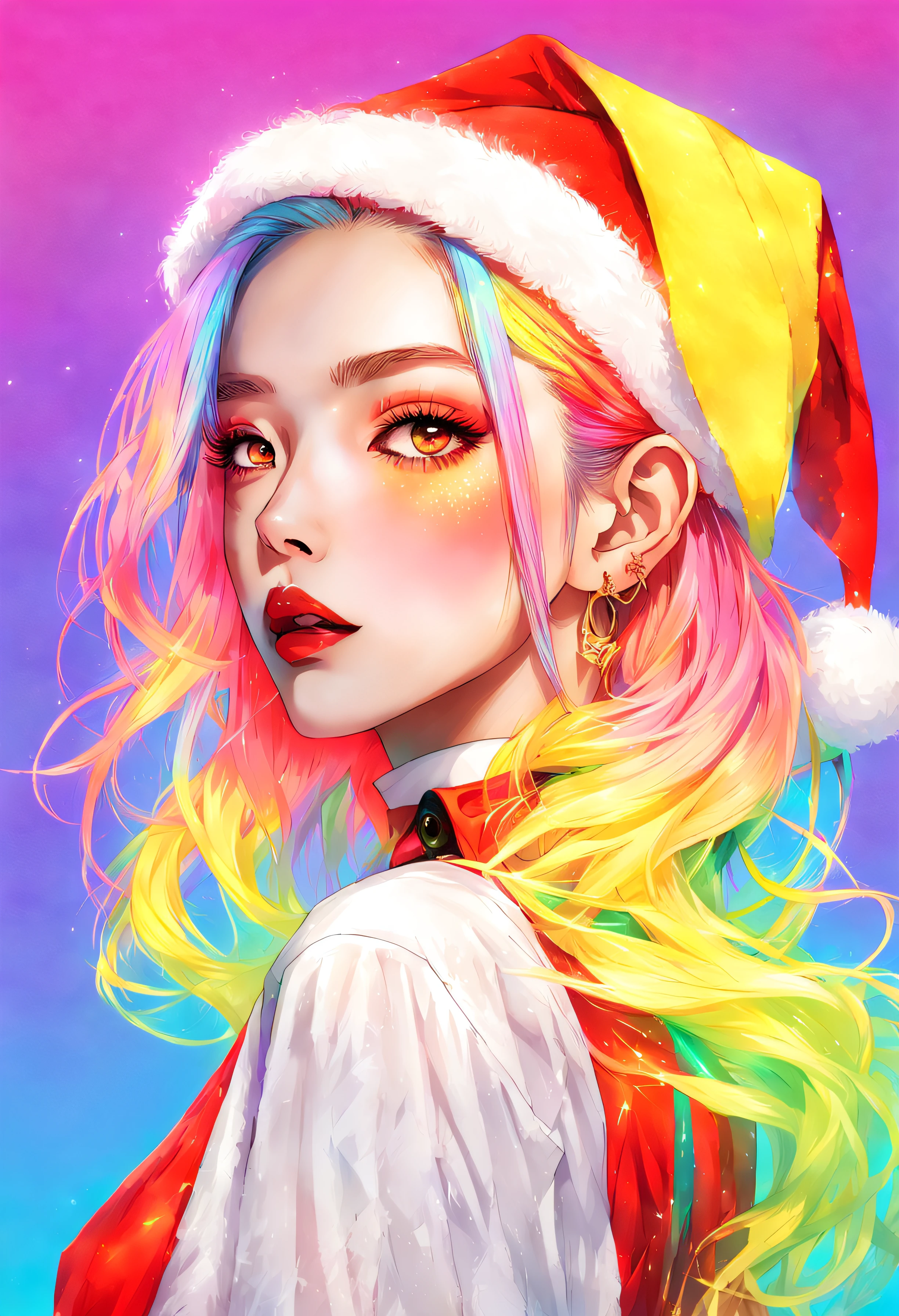 Anime ,Realistic ,sketch , Santa Claus Lady, beautiful countenance、Lustrous lips, order, red and yellow gradient background, Neon Hair,textured crop , (masutepiece,Best Quality,rainbow)